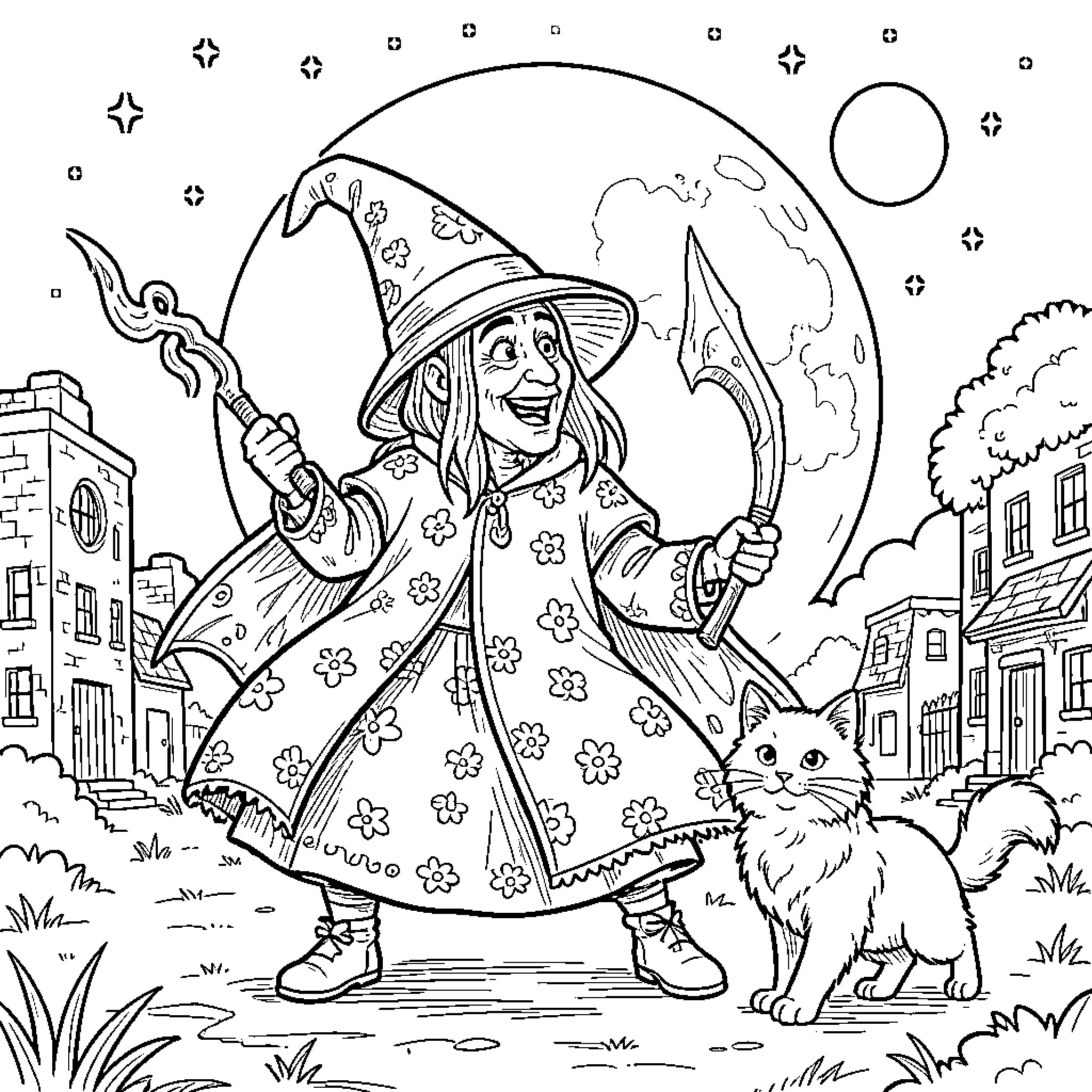 Baba Yaga's Enchanting Encounter with Her Feline Companion Coloring Page (free black-and-white line drawing printable PDF for all, from beginners to advanced learners, including children, teens, adults, and seniors)