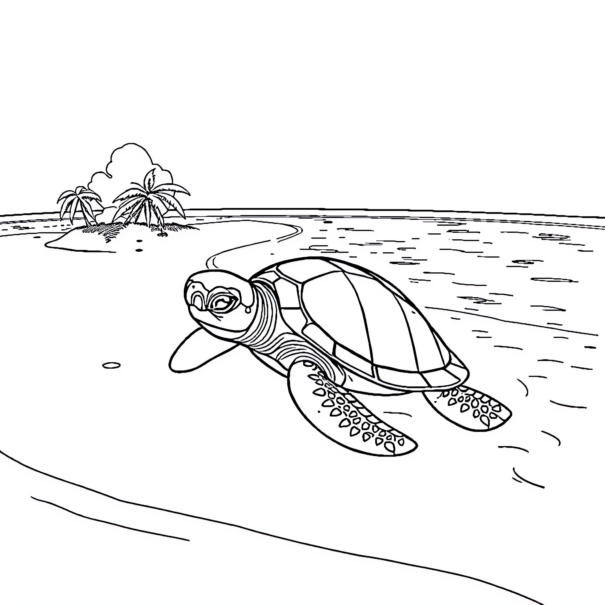 Turtle swimming in the tropical ocean Coloring Page (free black-and-white line drawing printable PDF for all, from beginners to advanced learners, including children, teens, adults, and seniors)