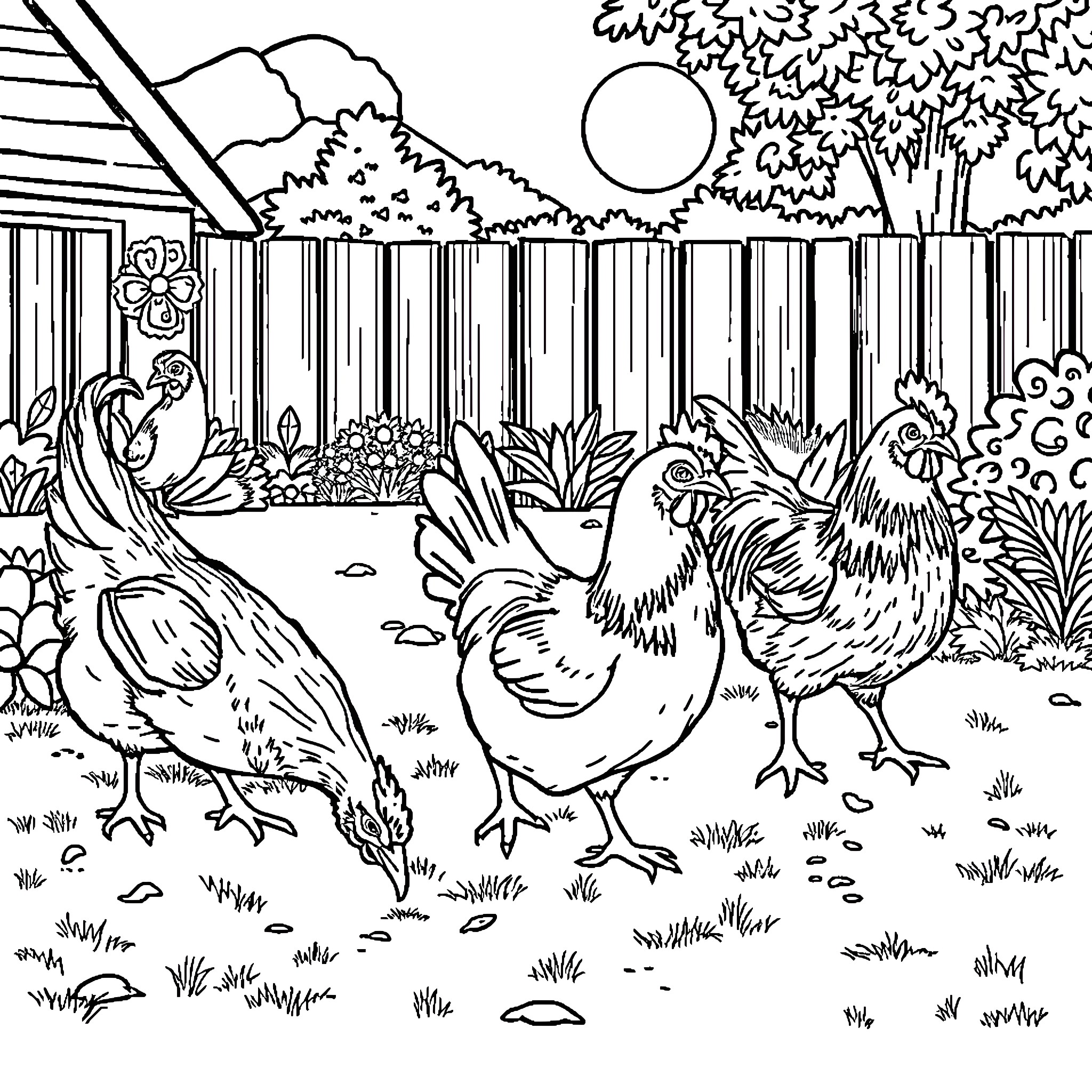 Chicken roaming in a cozy farmyard landscape Coloring Page (free black-and-white line drawing printable PDF for all, from beginners to advanced learners, including children, teens, adults, and seniors)