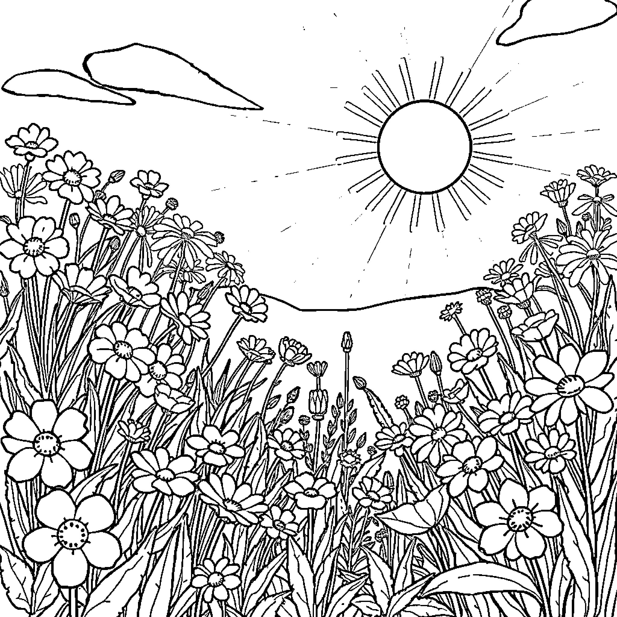Flower Garden Scene with Radiant Sun Coloring Page (free black-and-white line drawing printable PDF for all, from beginners to advanced learners, including children, teens, adults, and seniors)