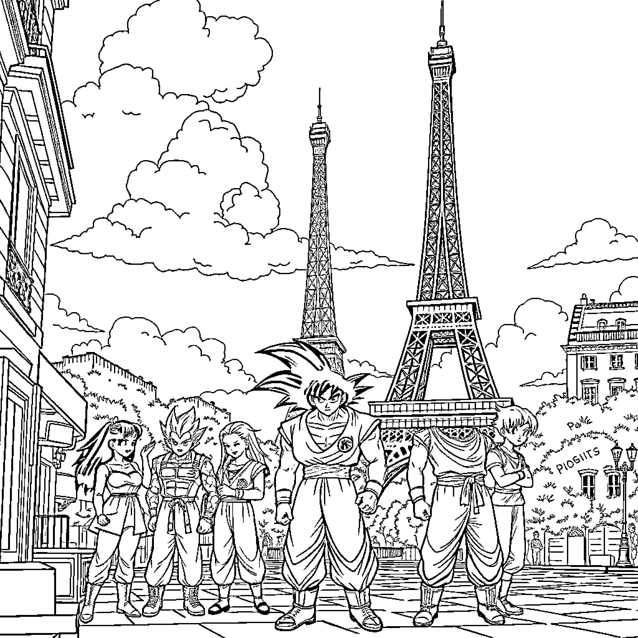 Dragon warriors facing the Eiffel Tower Coloring Page (free black-and-white line drawing printable PDF for all, from beginners to advanced learners, including children, teens, adults, and seniors)