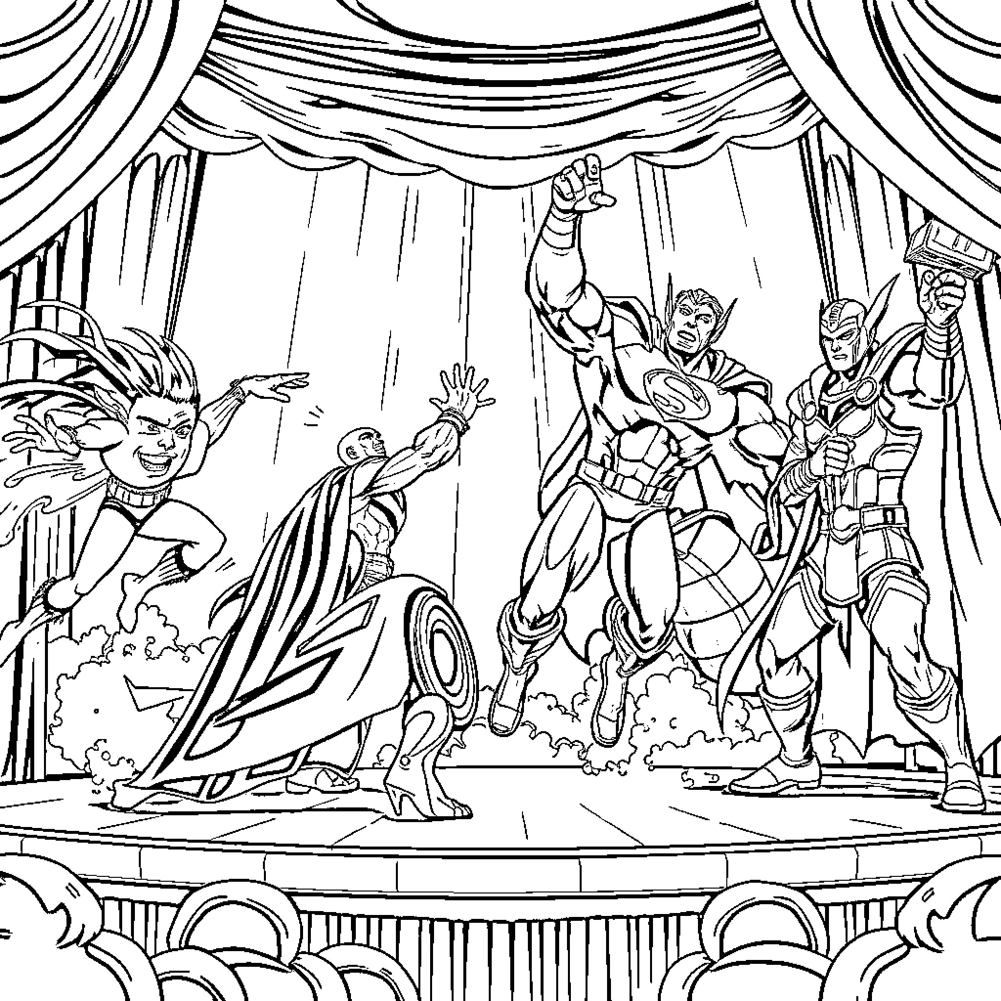 Superhero Action Showdown on Stage Coloring Page (free black-and-white line drawing printable PDF for all, from beginners to advanced learners, including children, teens, adults, and seniors)