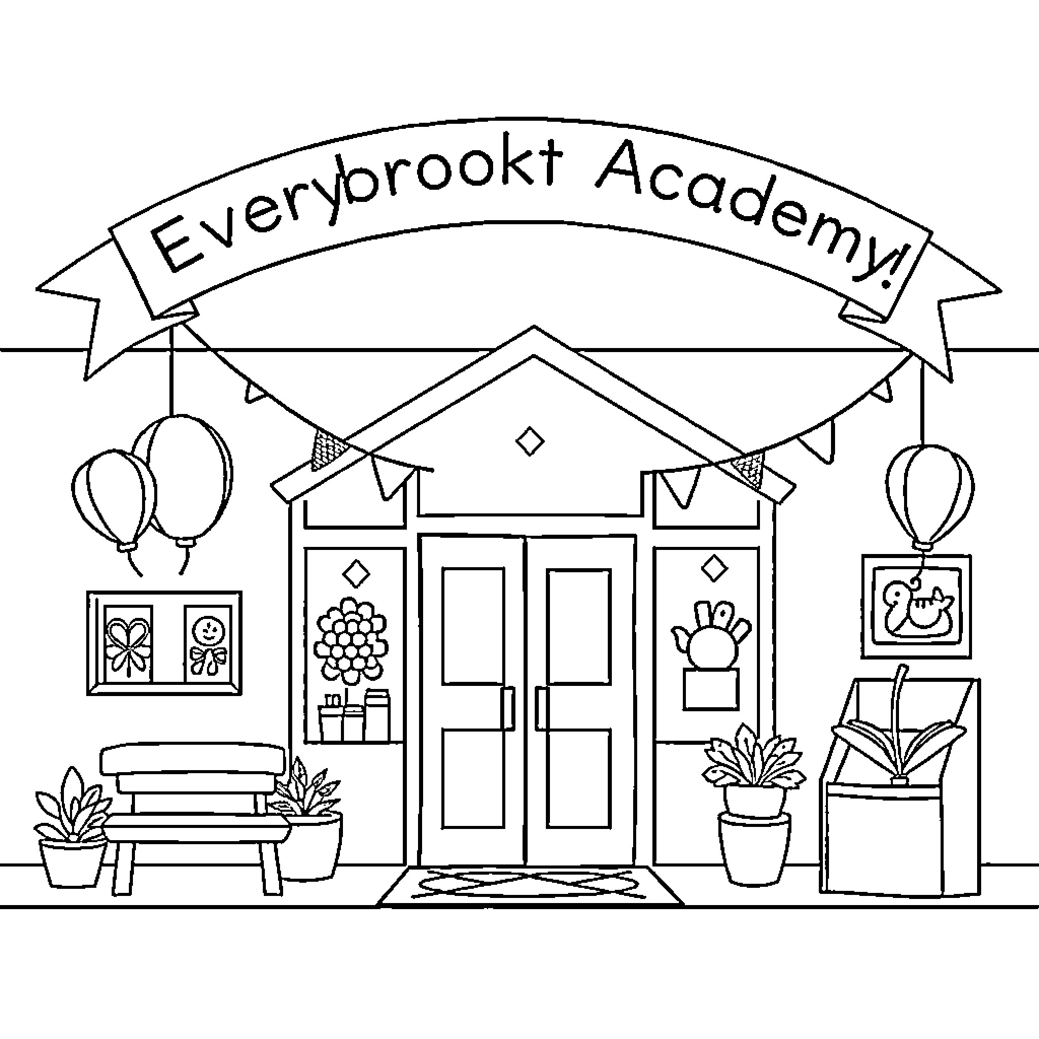 Daycare with cheerful decorations and activities Coloring Page (free black-and-white line drawing printable PDF for all, from beginners to advanced learners, including children, teens, adults, and seniors)