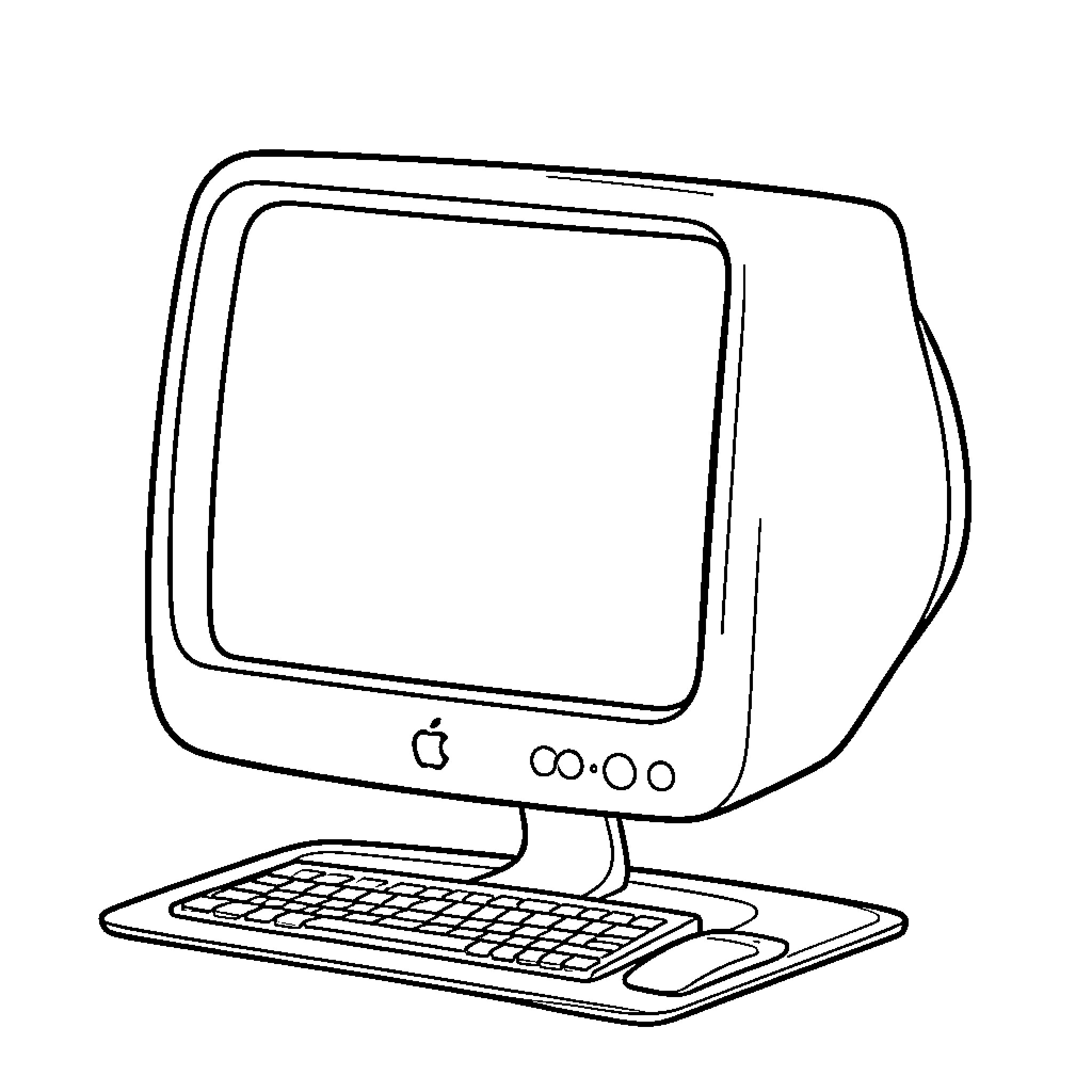 iMac vintage computer sitting on a desk Coloring Page (free black-and-white line drawing printable PDF for all, from beginners to advanced learners, including children, teens, adults, and seniors)