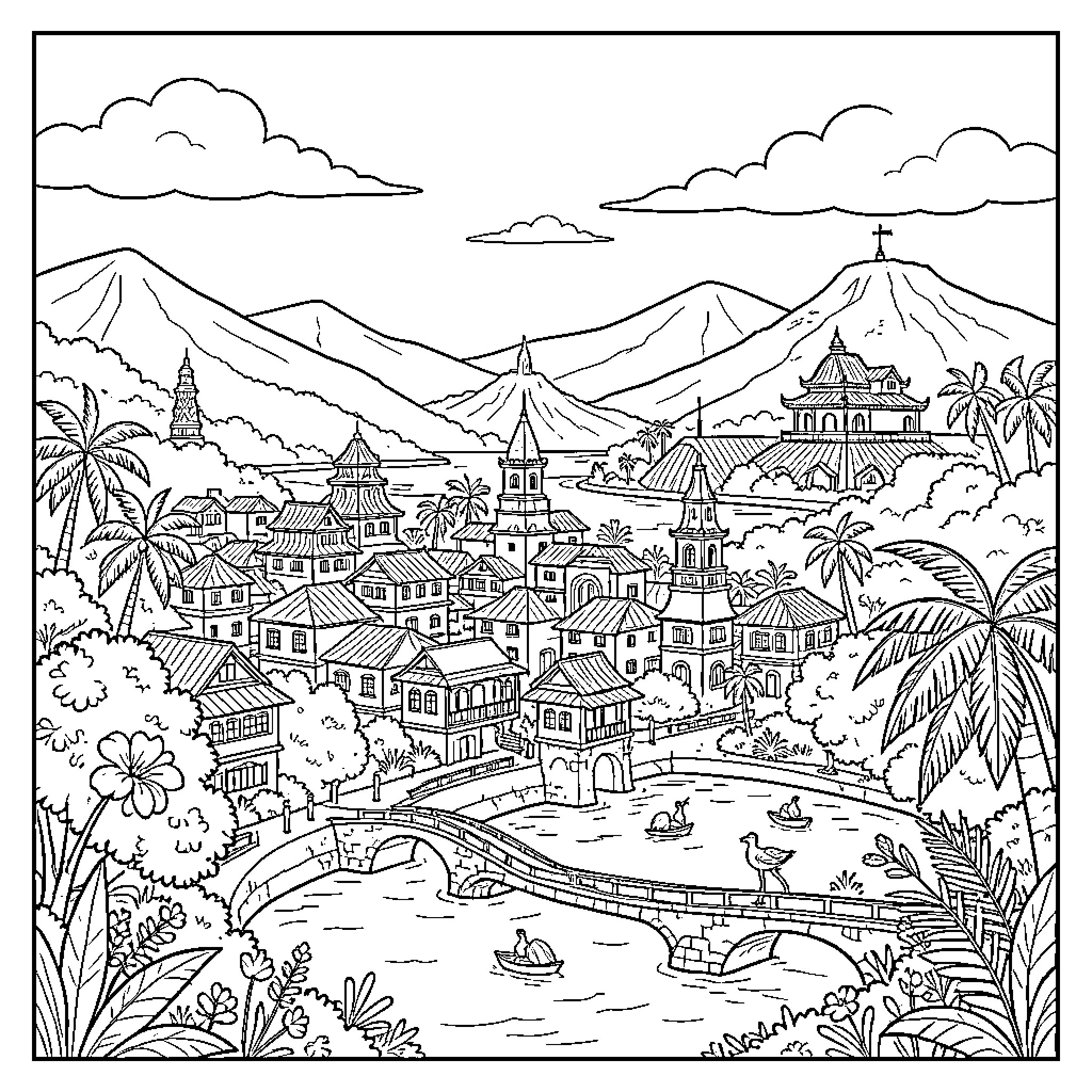 Kandy cityscape featuring a bridge over a scenic river Coloring Page (free black-and-white line drawing printable PDF for all, from beginners to advanced learners, including children, teens, adults, and seniors)