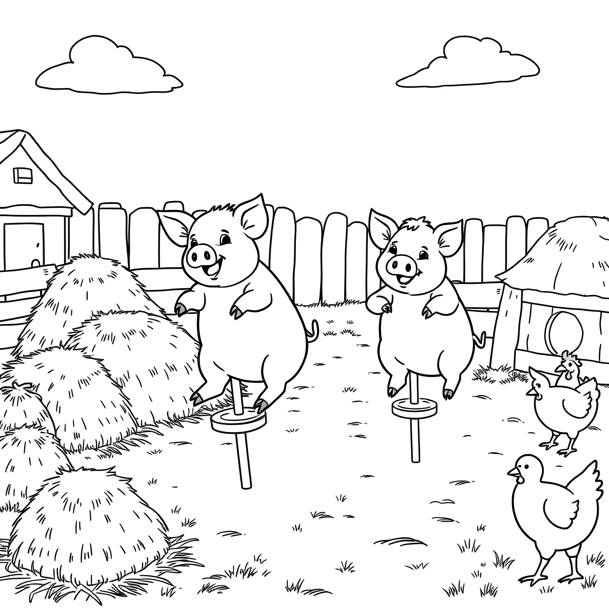 Pig family playing in the farm Coloring Page (free black-and-white line drawing printable PDF for all, from beginners to advanced learners, including children, teens, adults, and seniors)