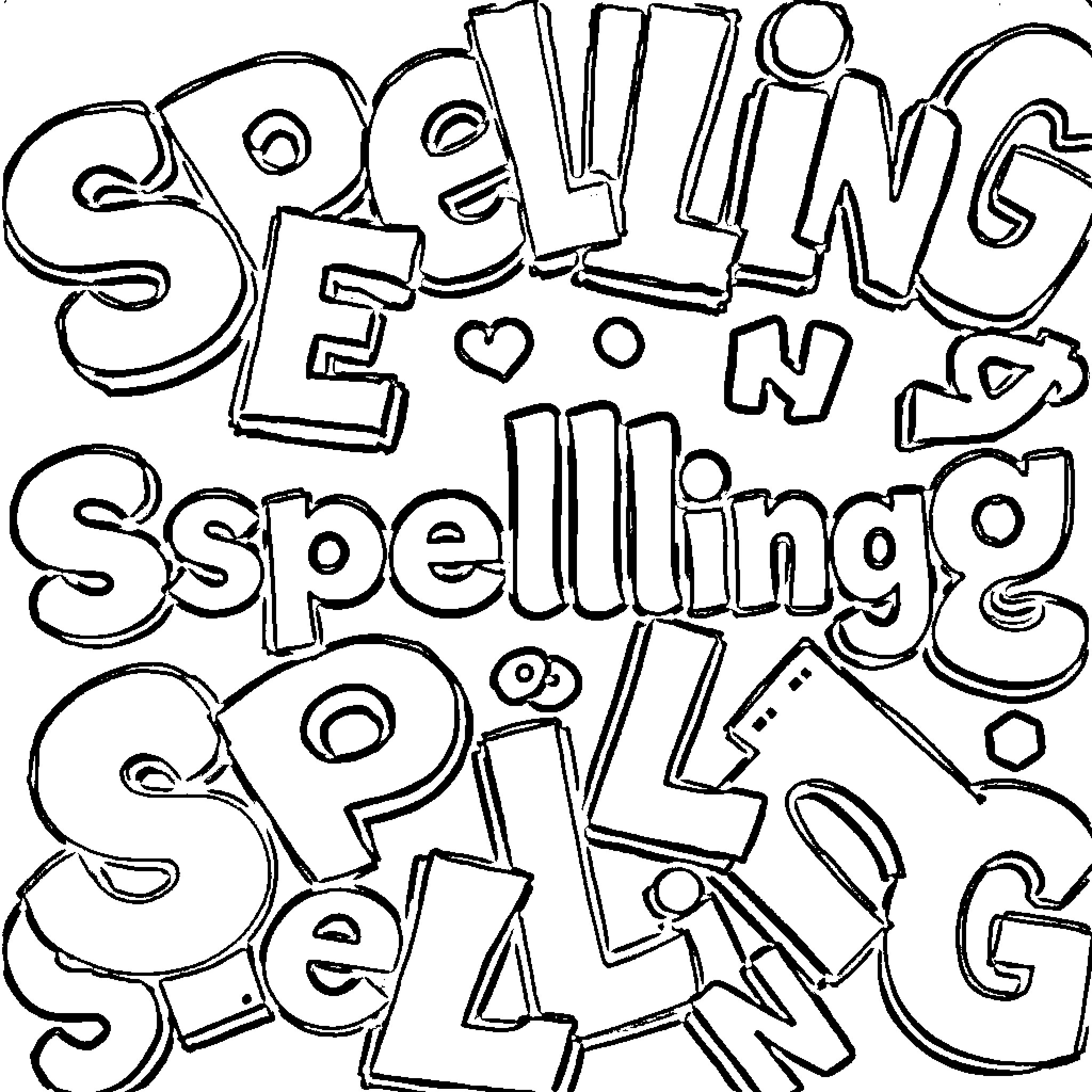 Letter Spelling and Spelling Elements Coloring Page (free black-and-white line drawing printable PDF for all, from beginners to advanced learners, including children, teens, adults, and seniors)