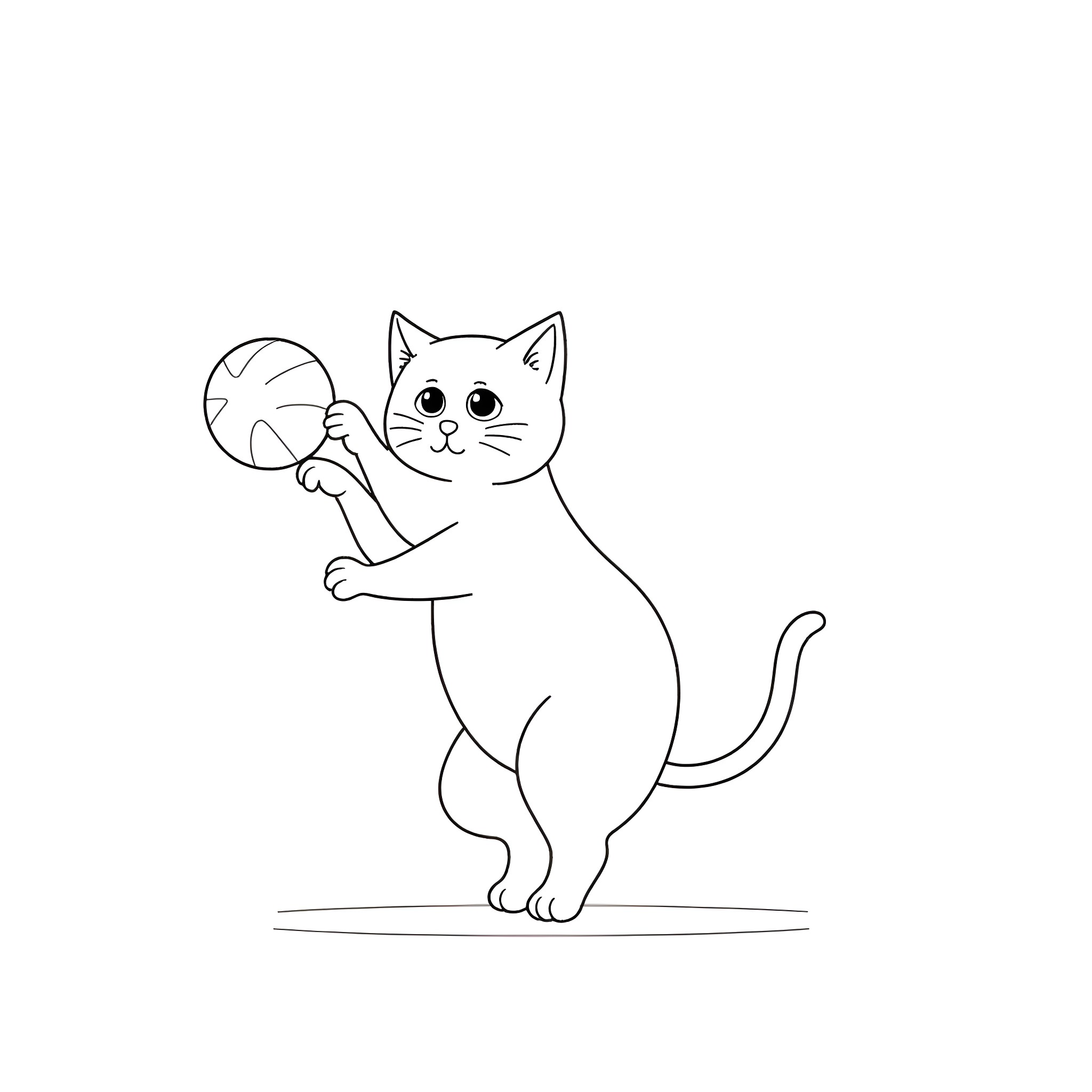 Cat playing with a ball Coloring Page (free black-and-white line drawing printable PDF for all, from beginners to advanced learners, including children, teens, adults, and seniors)
