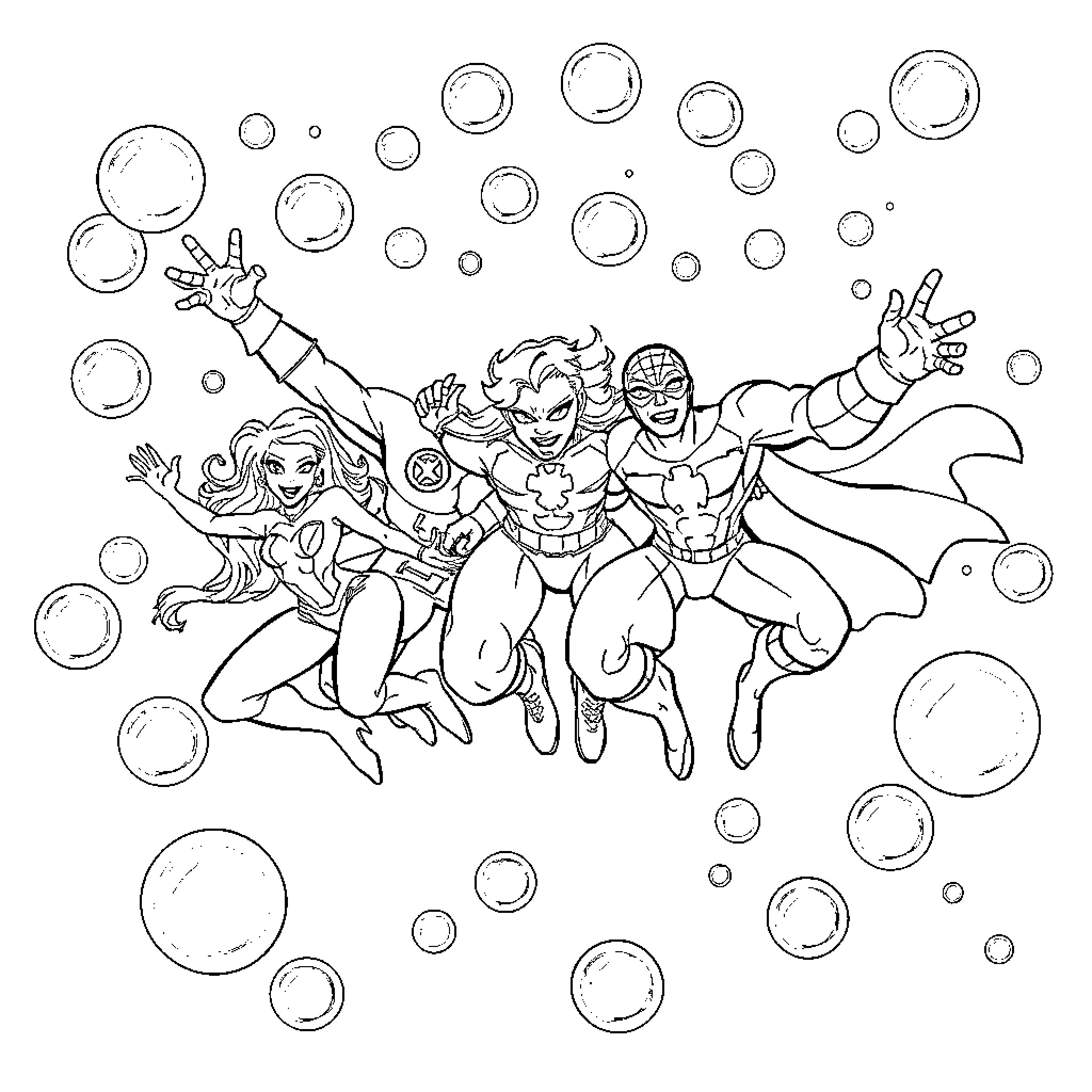 Marvel Characters Battling Playfully with Bubbles Coloring Page (free black-and-white line drawing printable PDF for all, from beginners to advanced learners, including children, teens, adults, and seniors)