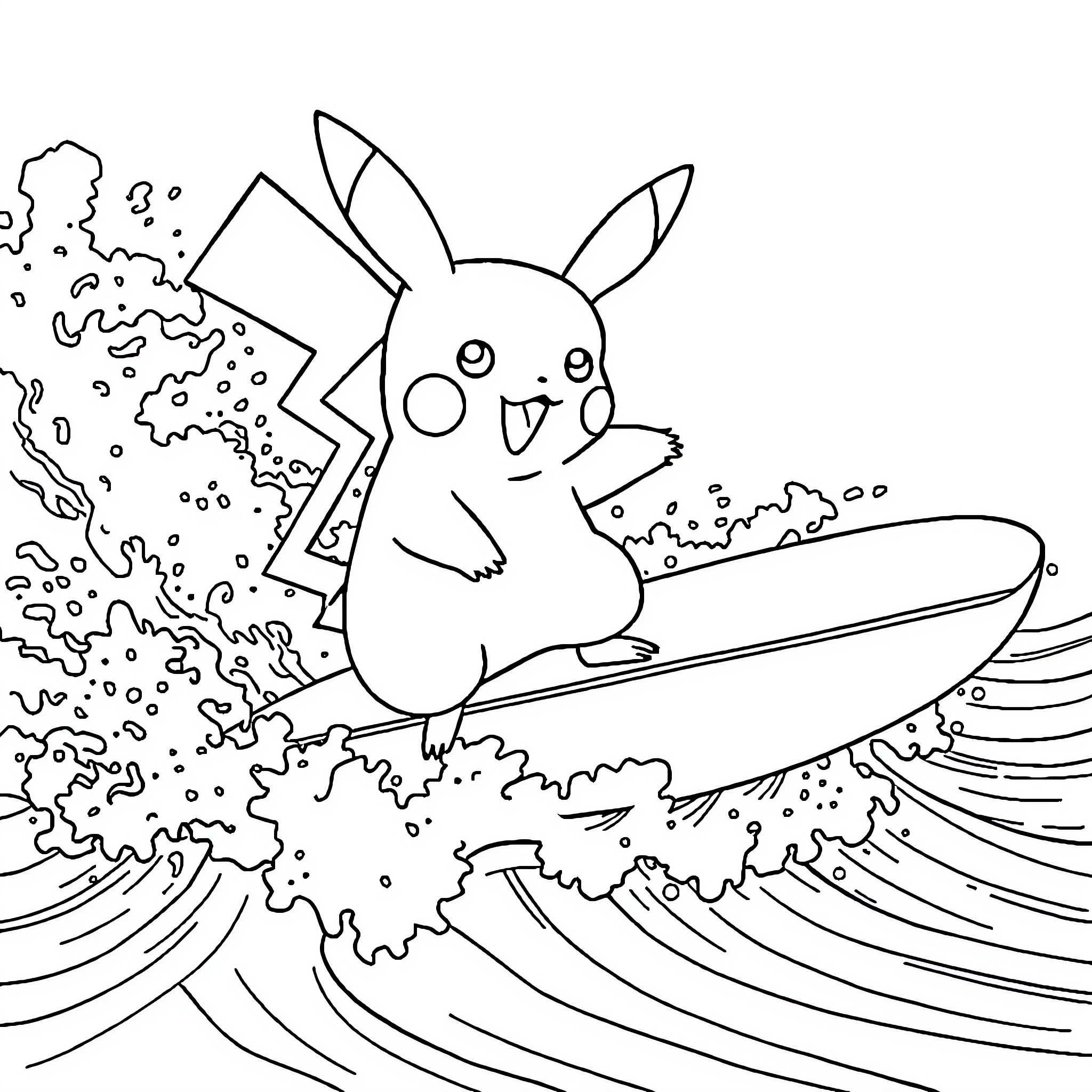 Pikachu surfing on the waves Coloring Page (free black-and-white line drawing printable PDF for all, from beginners to advanced learners, including children, teens, adults, and seniors)