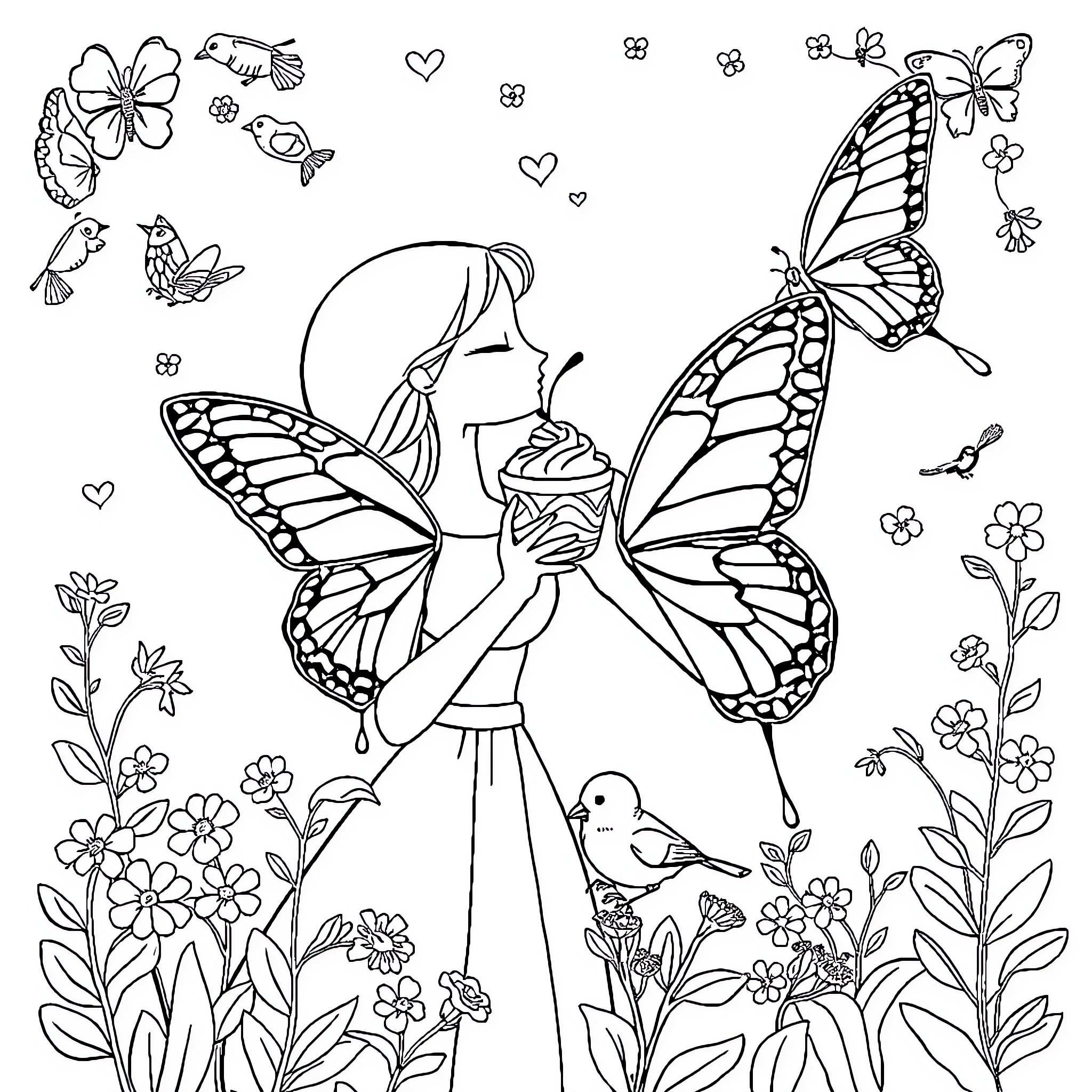 Pareja de hadas abrazándose en un campo de flores Coloring Page (free black-and-white line drawing printable PDF for all, from beginners to advanced learners, including children, teens, adults, and seniors)
