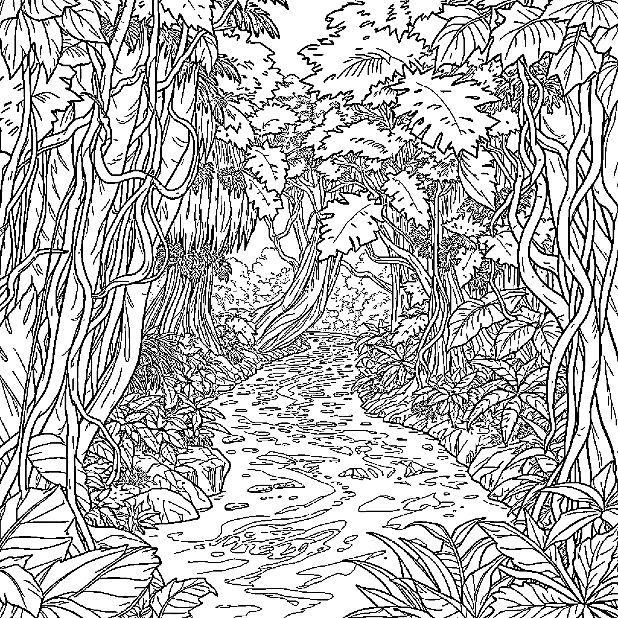 Jungle Path through Lush Foliage Coloring Page (free black-and-white line drawing printable PDF for all, from beginners to advanced learners, including children, teens, adults, and seniors)