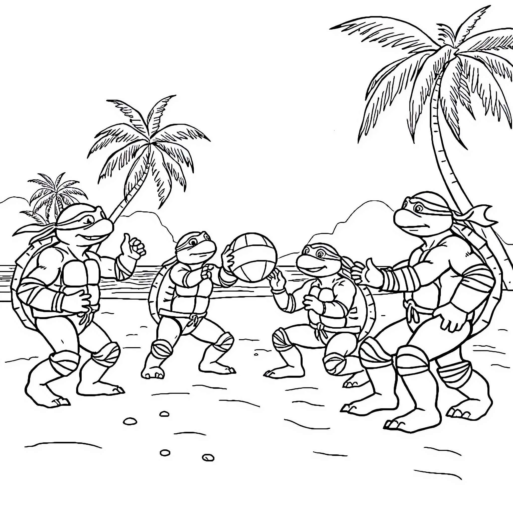 Teenage Mutant Ninja Turtles in tropical island adventure Coloring Page (free black-and-white line drawing printable PDF for all, from beginners to advanced learners, including children, teens, adults, and seniors)