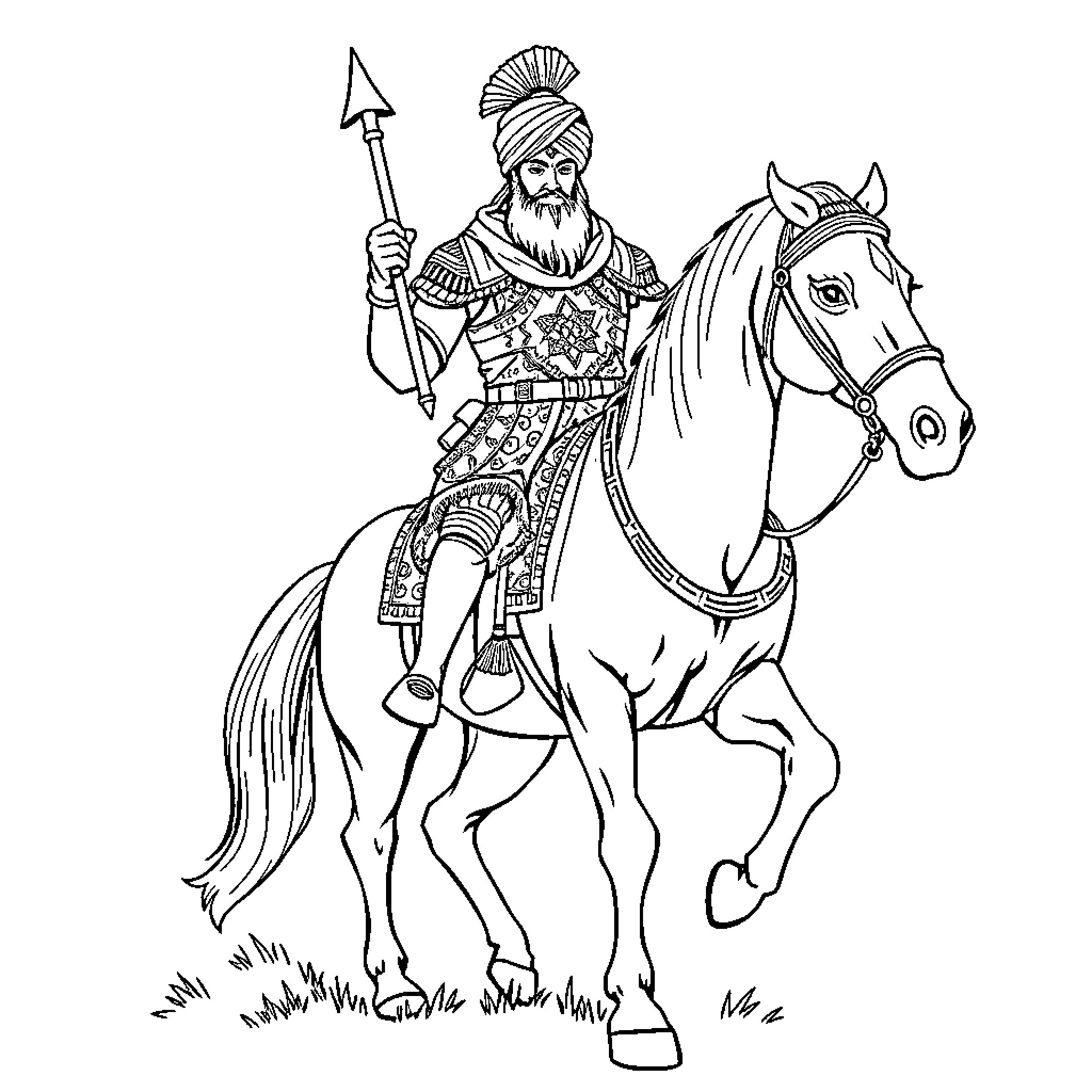 Warrior atop a mighty steed, armed and adorned Coloring Page (free black-and-white line drawing printable PDF for all, from beginners to advanced learners, including children, teens, adults, and seniors)
