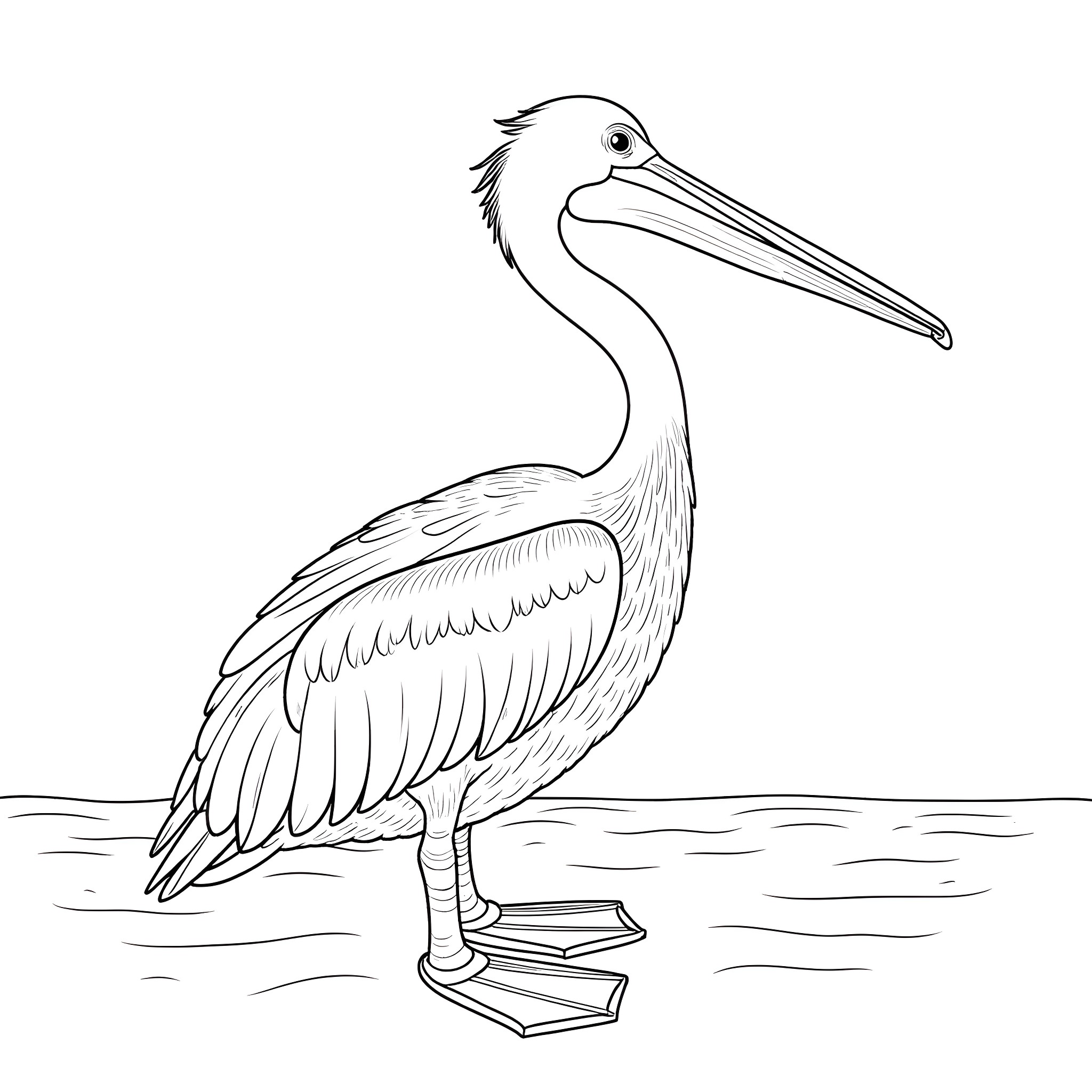 Pelican standing still in water Coloring Page (free black-and-white line drawing printable PDF for all, from beginners to advanced learners, including children, teens, adults, and seniors)