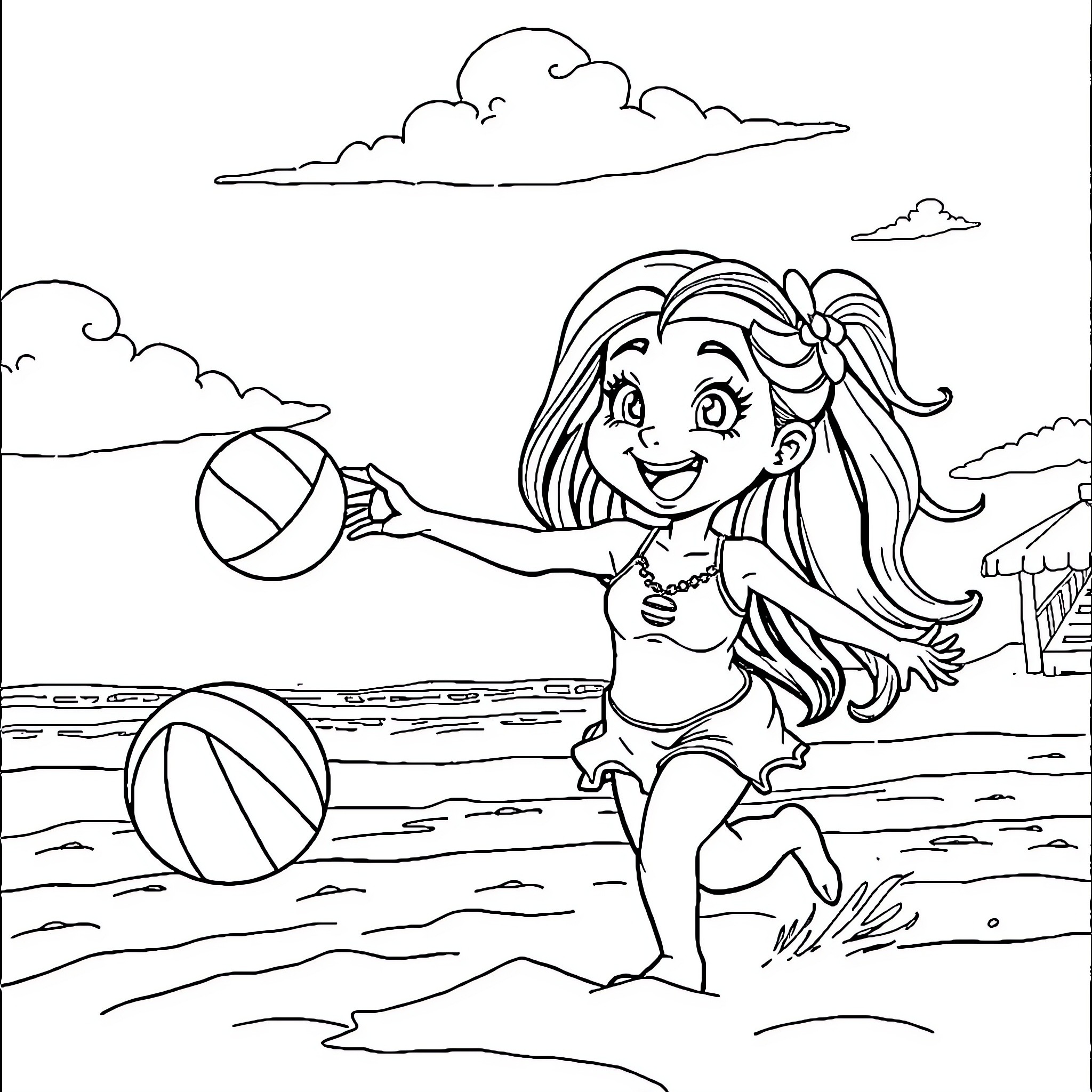 Masha playing happily with beach balls on the shore Coloring Page (free black-and-white line drawing printable PDF for all, from beginners to advanced learners, including children, teens, adults, and seniors)