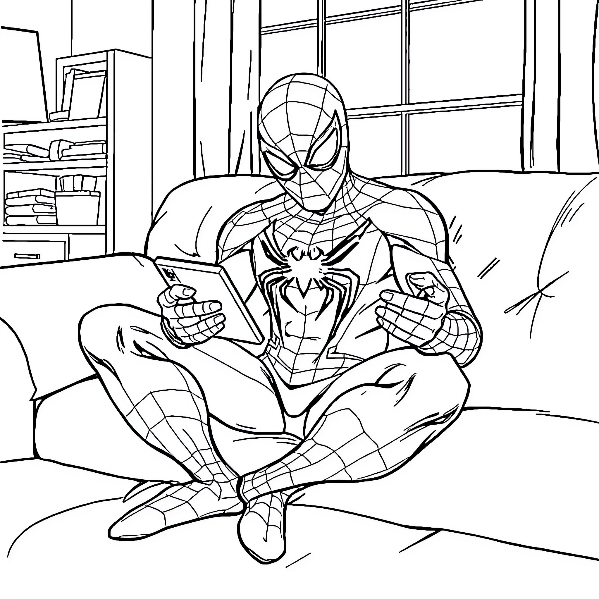 Spiderman relaxing in his apartment Coloring Page (free black-and-white line drawing printable PDF for all, from beginners to advanced learners, including children, teens, adults, and seniors)