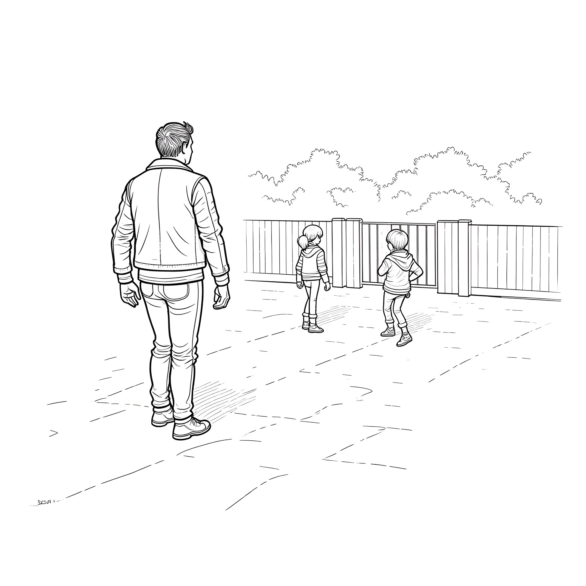 Liam Neeson walks with children on a city street Coloring Page (free black-and-white line drawing printable PDF for all, from beginners to advanced learners, including children, teens, adults, and seniors)