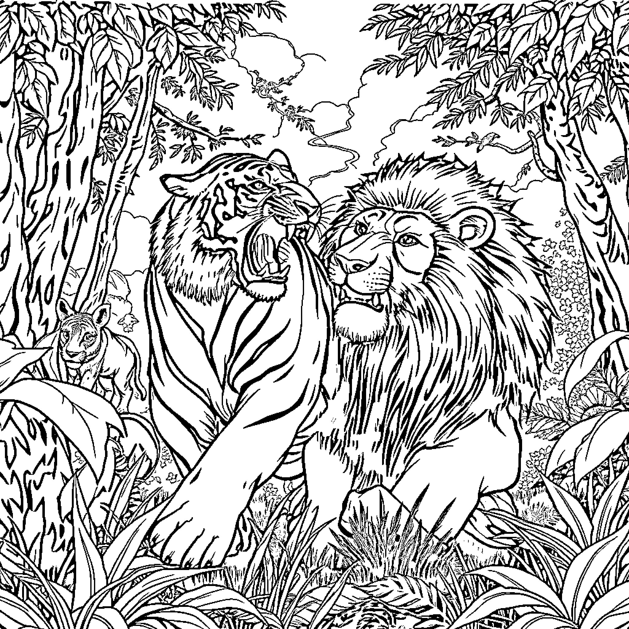 Tiger roaring in the lush jungle Coloring Page (free black-and-white line drawing printable PDF for all, from beginners to advanced learners, including children, teens, adults, and seniors)