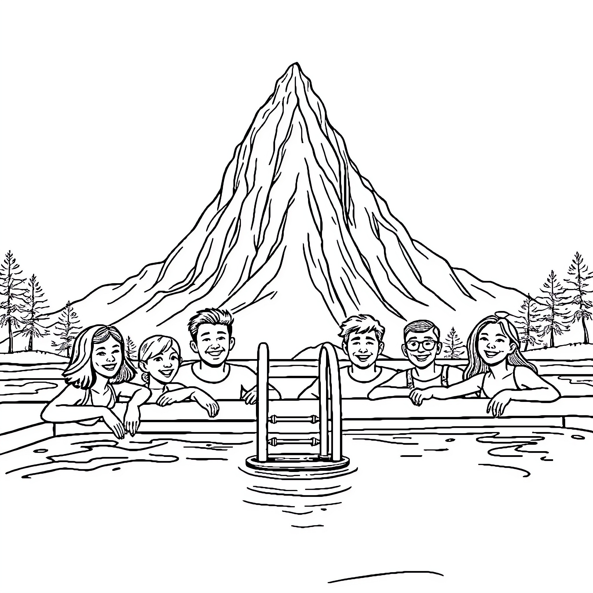 Swimming Pool Fun with Family and Friends Coloring Page (free black-and-white line drawing printable PDF for all, from beginners to advanced learners, including children, teens, adults, and seniors)