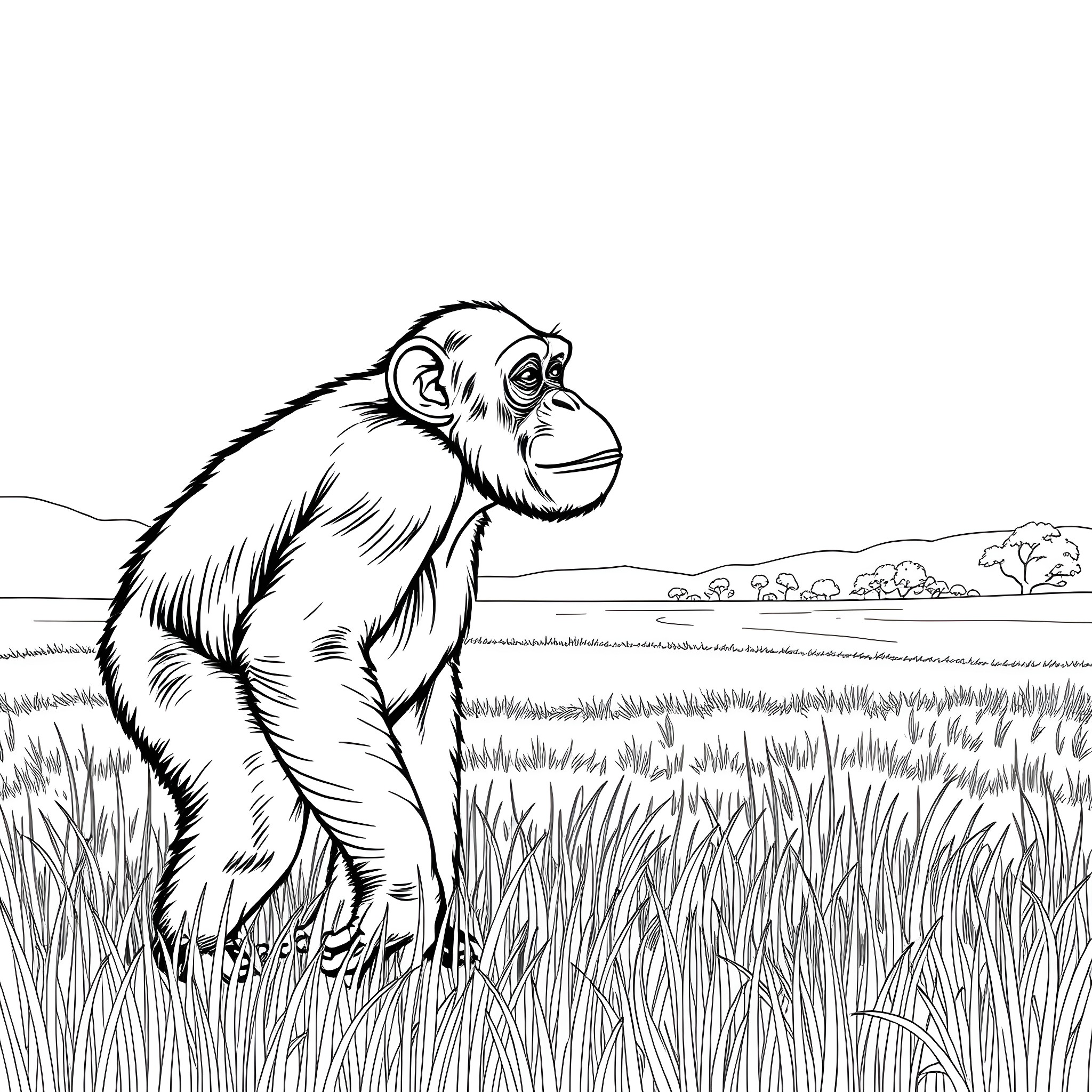 Chimpanzee exploring the grassy meadow Coloring Page (free black-and-white line drawing printable PDF for all, from beginners to advanced learners, including children, teens, adults, and seniors)