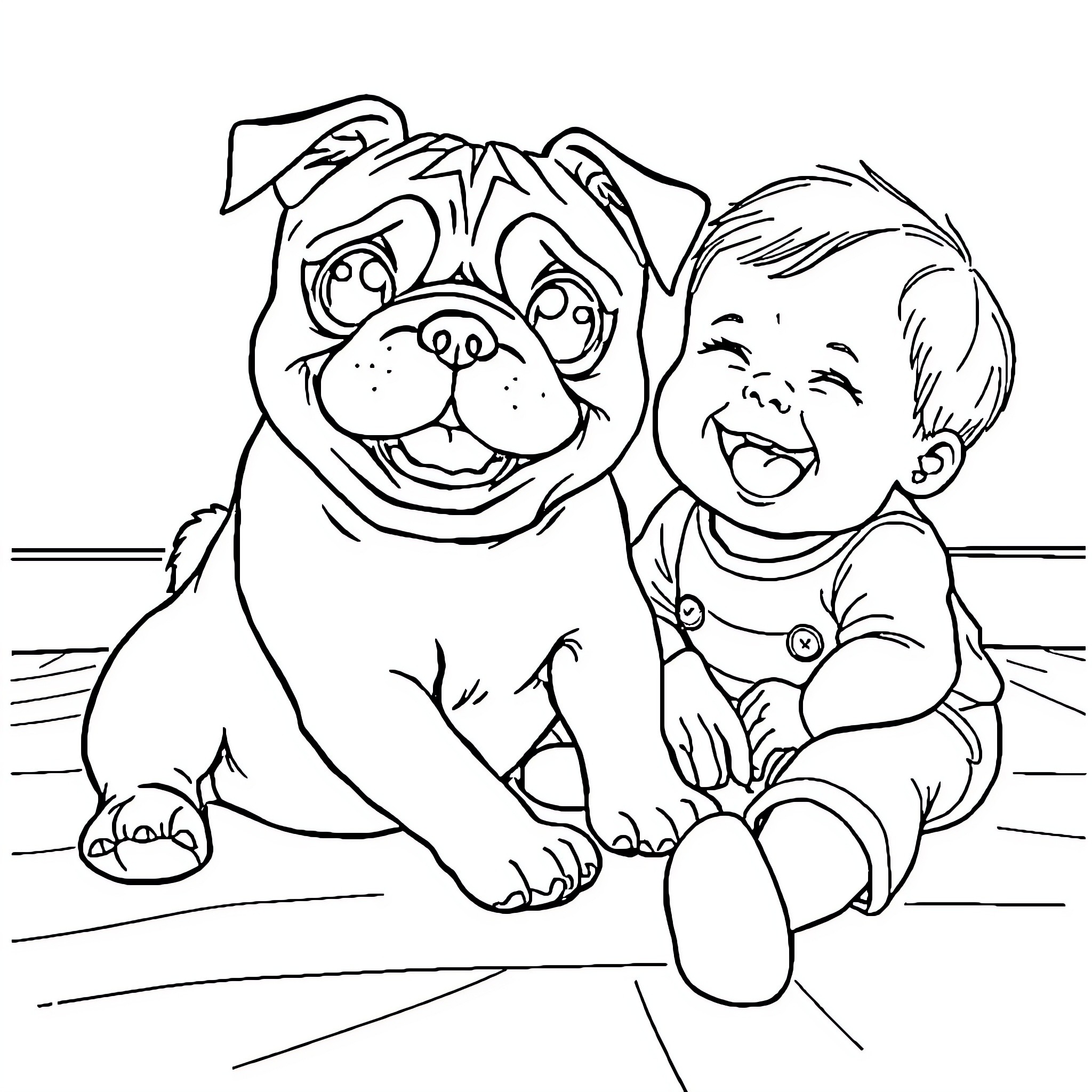 Pug and a happy child playing together Coloring Page (free black-and-white line drawing printable PDF for all, from beginners to advanced learners, including children, teens, adults, and seniors)