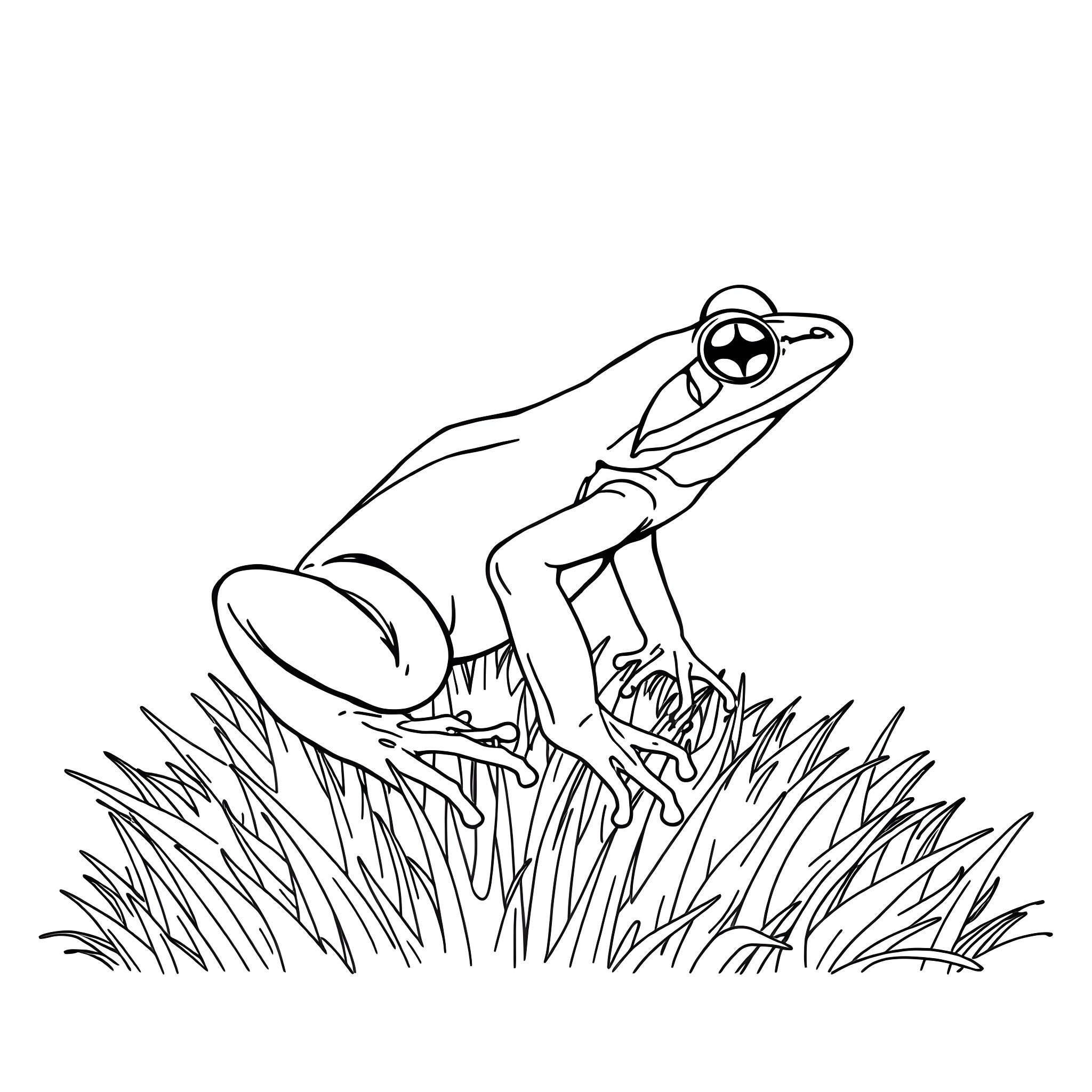 Frog resting in the grass Coloring Page (free black-and-white line drawing printable PDF for all, from beginners to advanced learners, including children, teens, adults, and seniors)