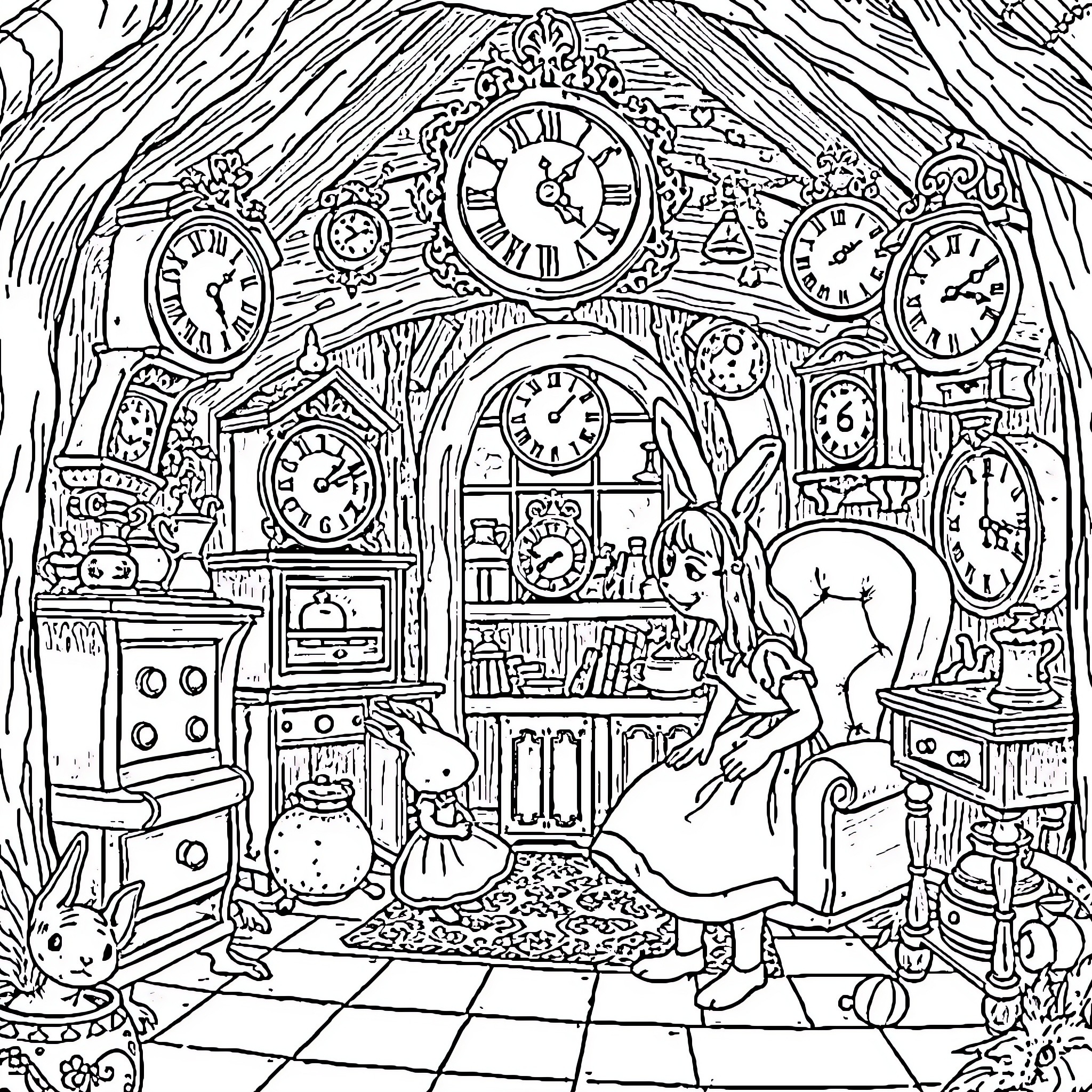 Alice's Whimsical Clock Wonderland Coloring Page (free black-and-white line drawing printable PDF for all, from beginners to advanced learners, including children, teens, adults, and seniors)