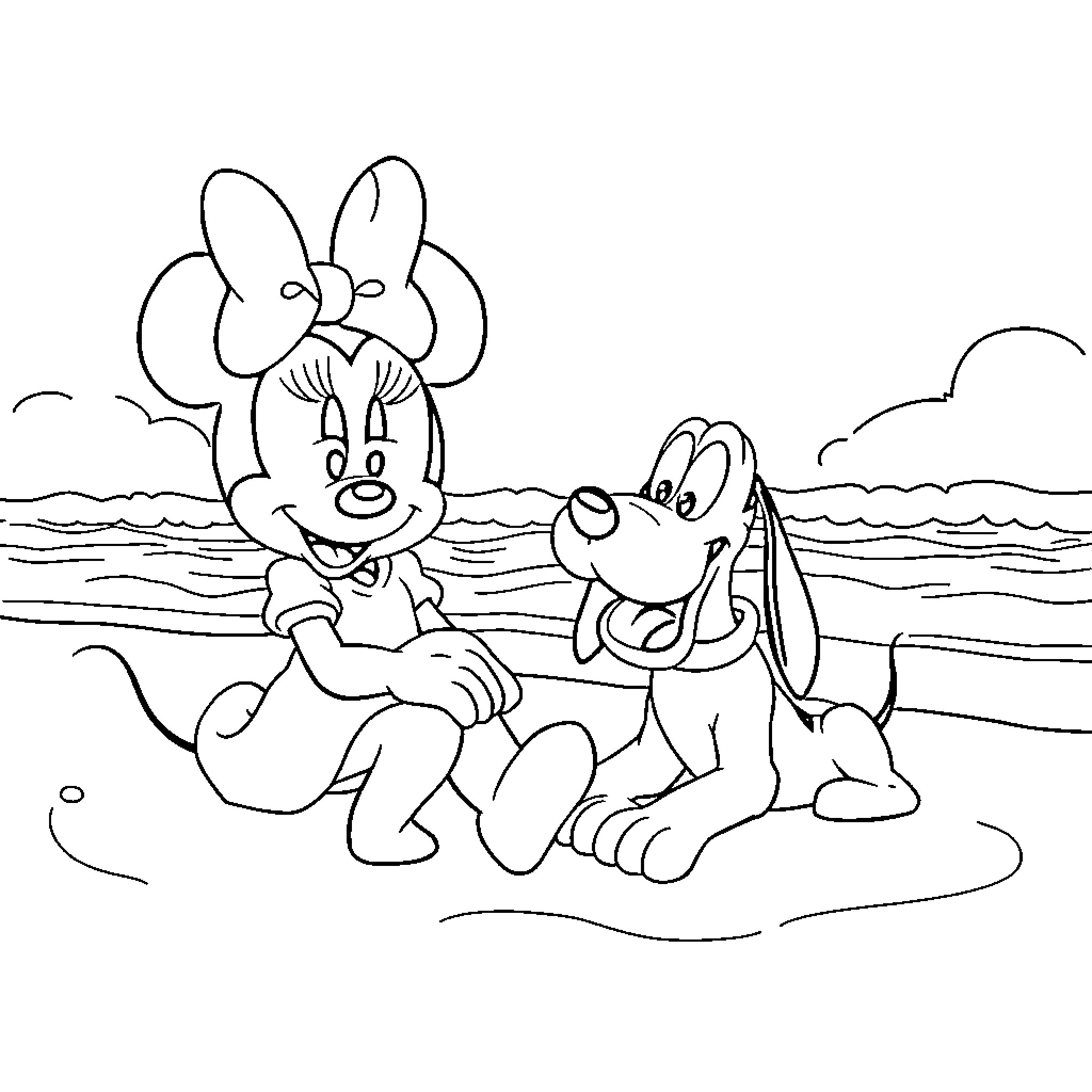 Minnie and Pluto playing on the beach Coloring Page (free black-and-white line drawing printable PDF for all, from beginners to advanced learners, including children, teens, adults, and seniors)