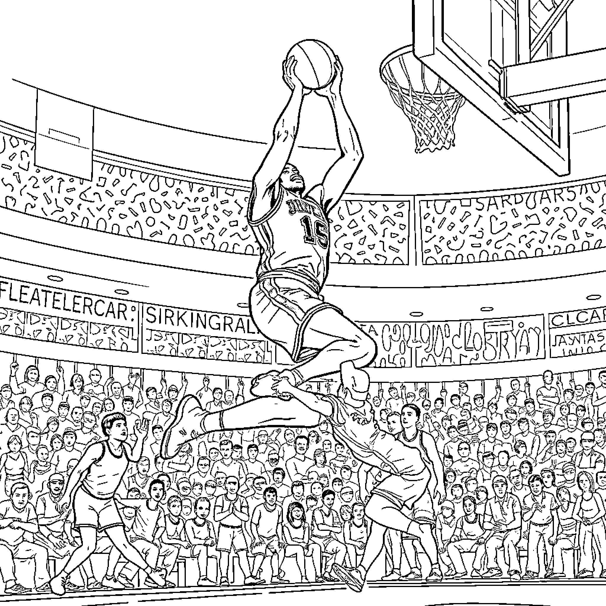 Clyde Drexler's Electrifying Dunk in the Stadium Showdown Coloring Page (free black-and-white line drawing printable PDF for all, from beginners to advanced learners, including children, teens, adults, and seniors)
