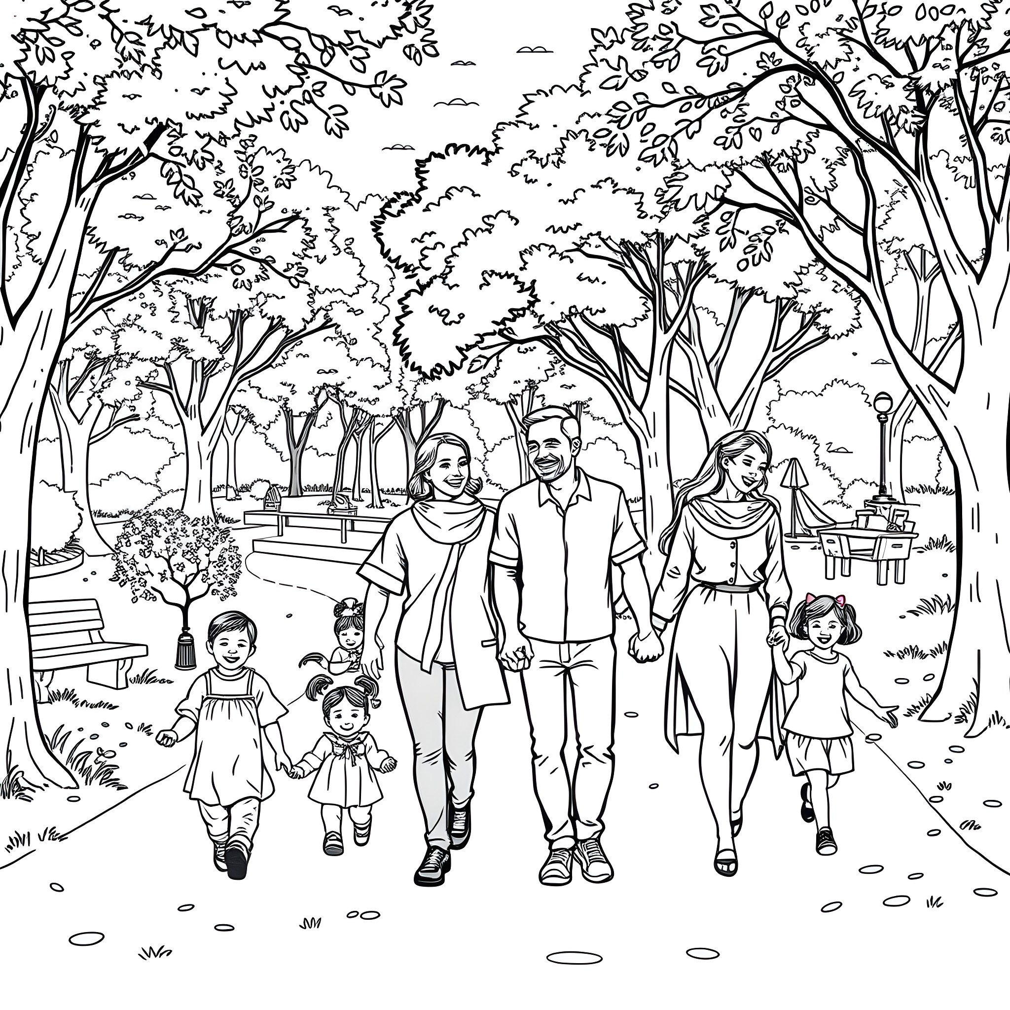 Family enjoying a stroll through the scenic park Coloring Page (free black-and-white line drawing printable PDF for all, from beginners to advanced learners, including children, teens, adults, and seniors)