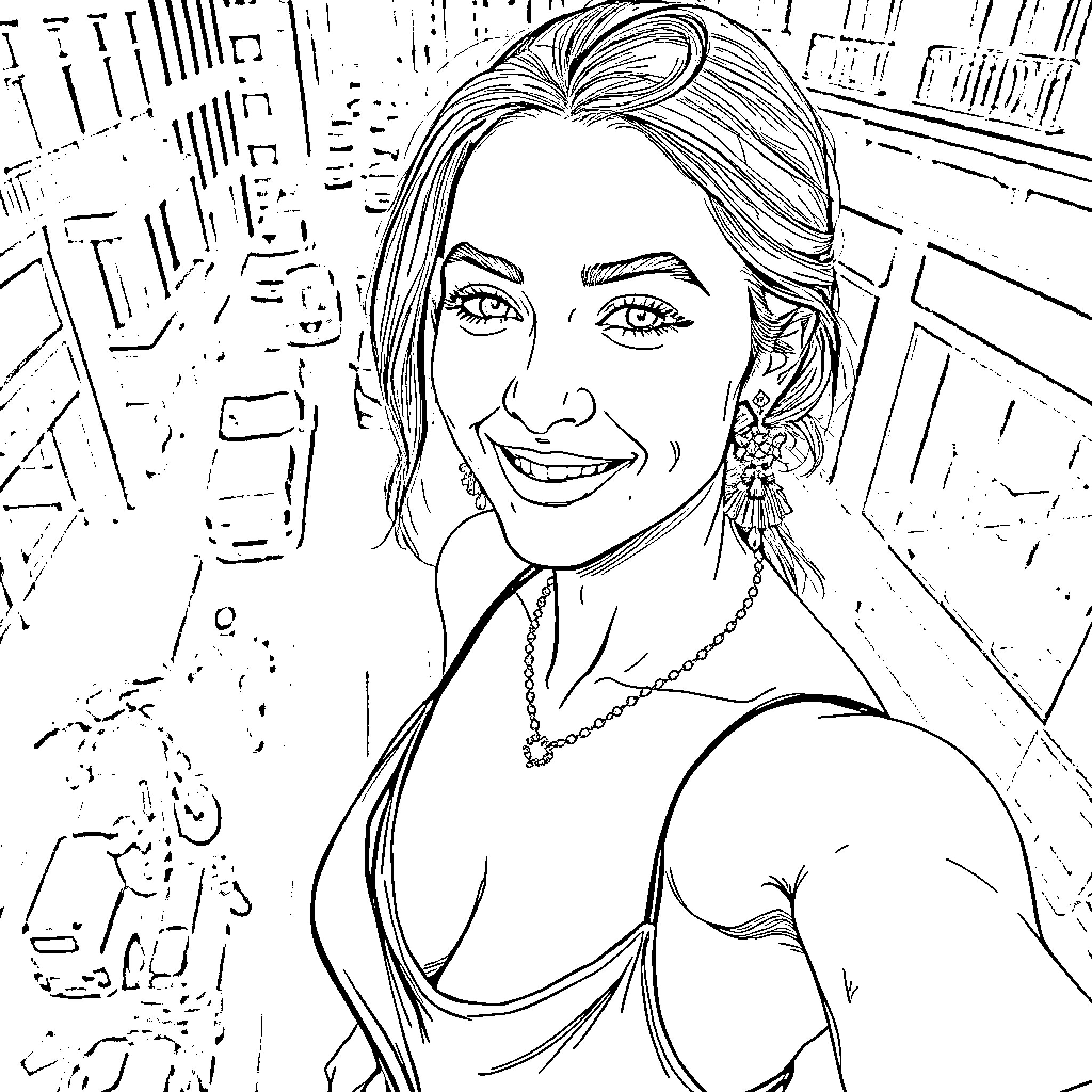Woman smiling joyfully in an urban setting Coloring Page (free black-and-white line drawing printable PDF for all, from beginners to advanced learners, including children, teens, adults, and seniors)