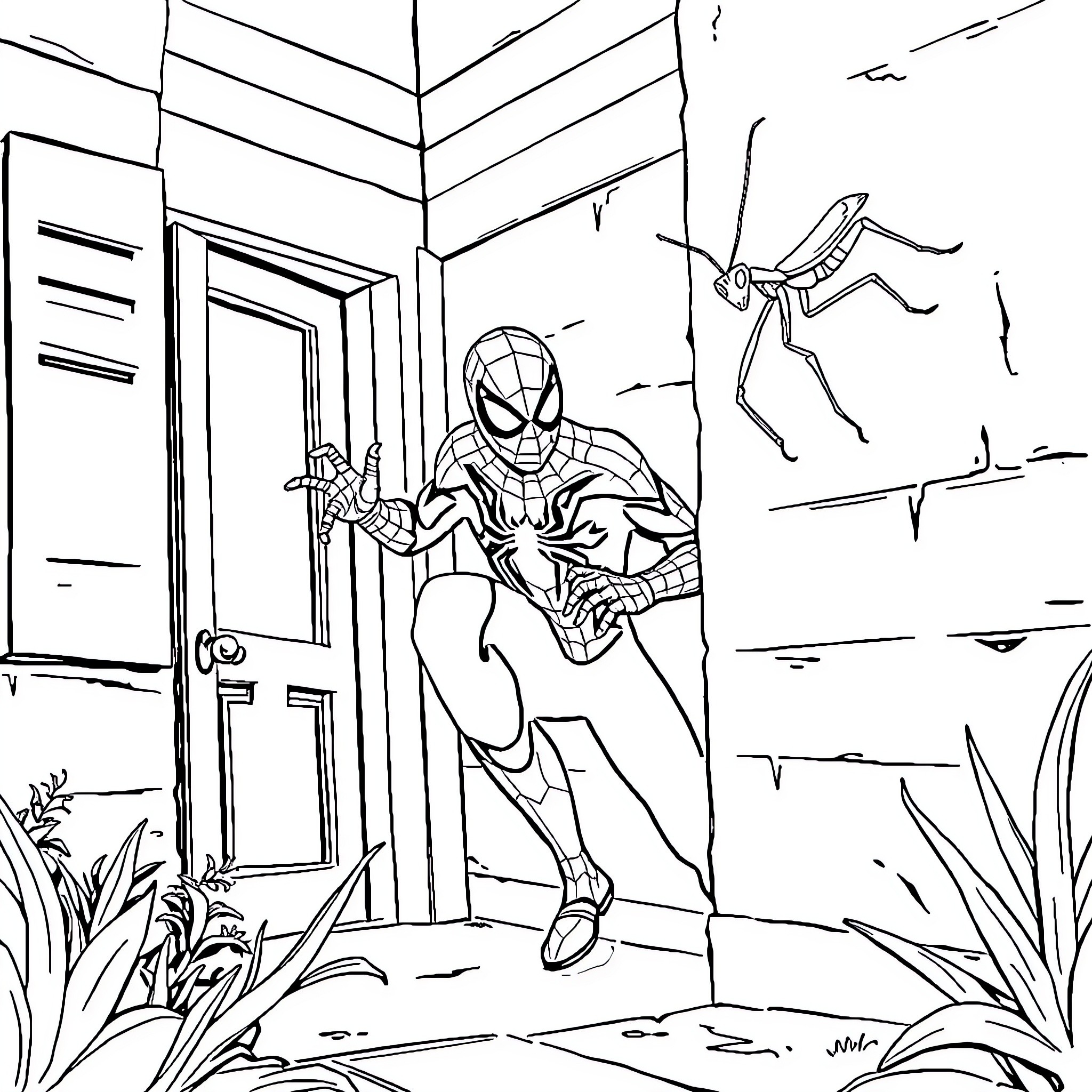 Spiderman swinging into action on a mission Coloring Page (free black-and-white line drawing printable PDF for all, from beginners to advanced learners, including children, teens, adults, and seniors)