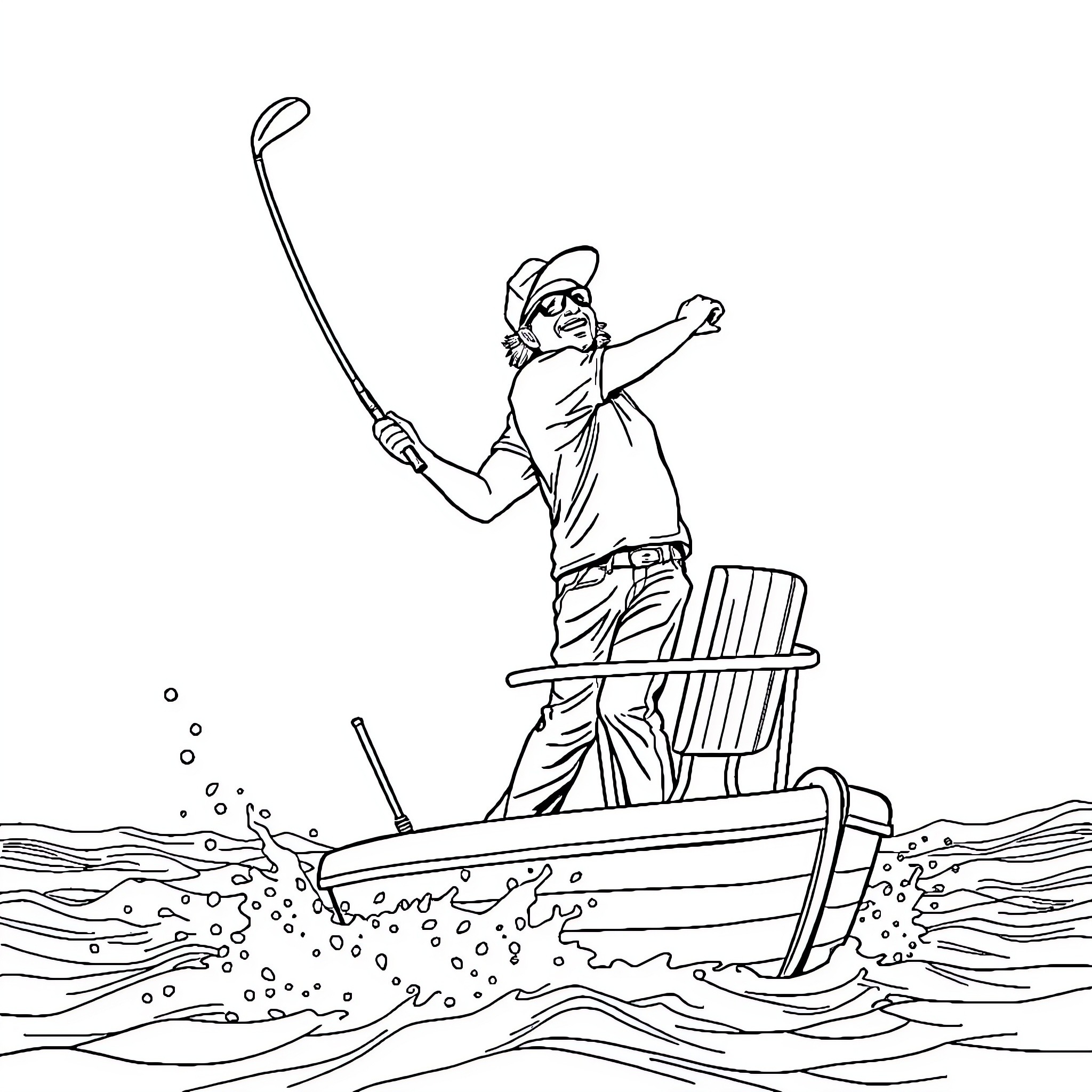 Kidrock fishing from a boat Coloring Page (free black-and-white line drawing printable PDF for all, from beginners to advanced learners, including children, teens, adults, and seniors)