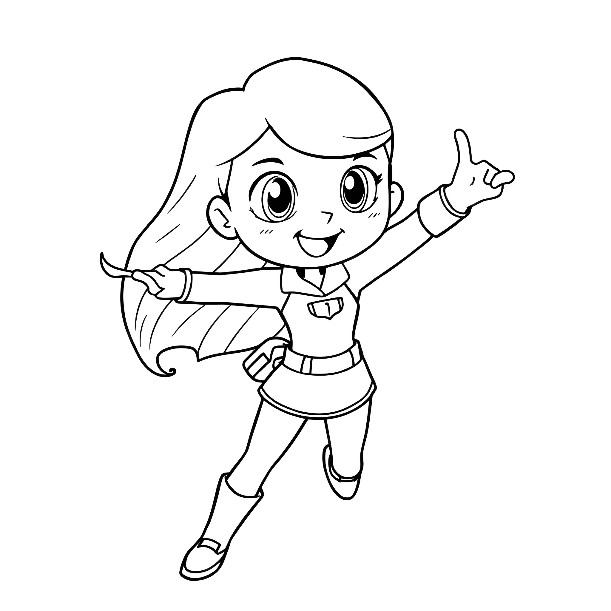 Kim Possible in an energetic and happy pose Coloring Page (free black-and-white line drawing printable PDF for all, from beginners to advanced learners, including children, teens, adults, and seniors)