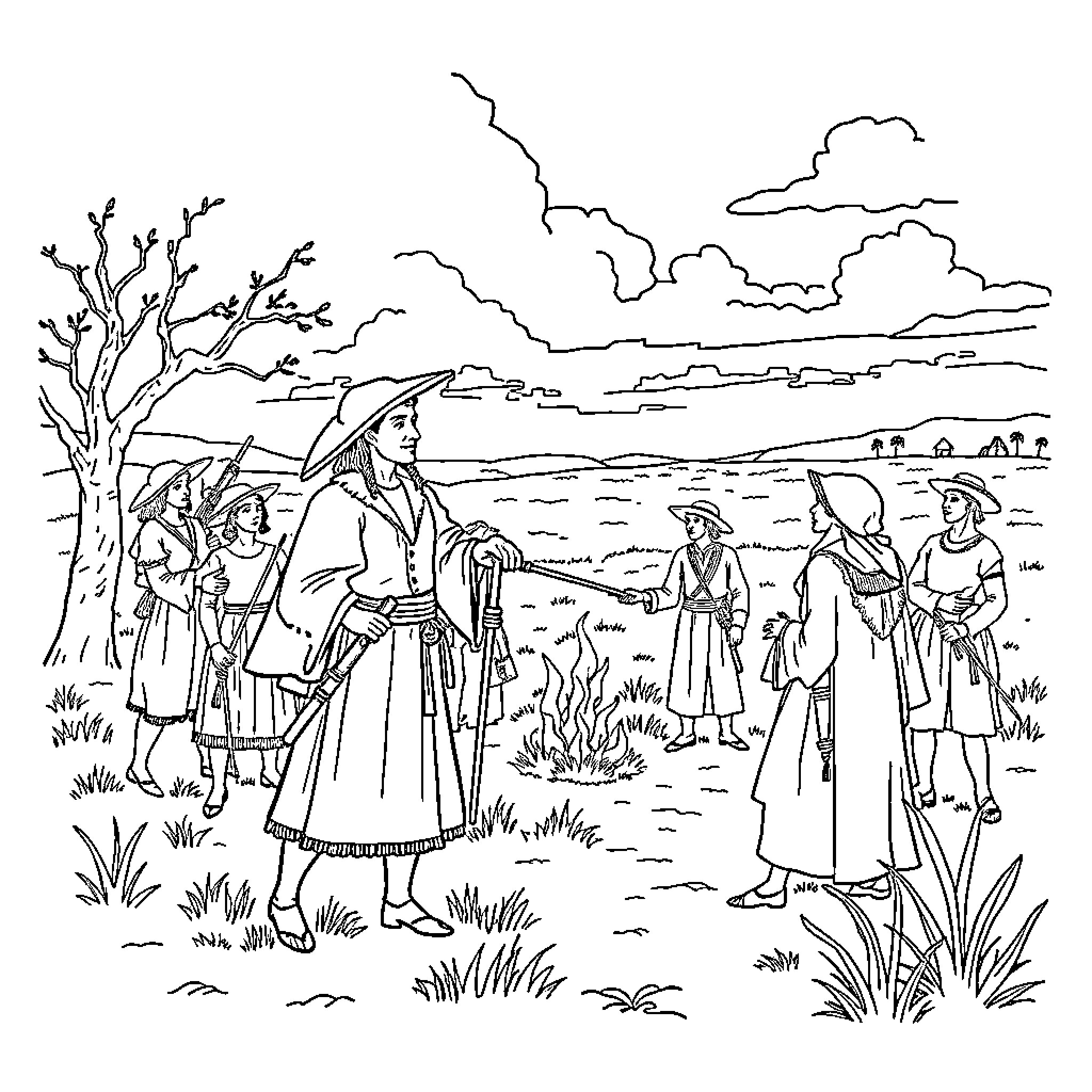 Austin pioneers exploring the vast wilderness Coloring Page (free black-and-white line drawing printable PDF for all, from beginners to advanced learners, including children, teens, adults, and seniors)