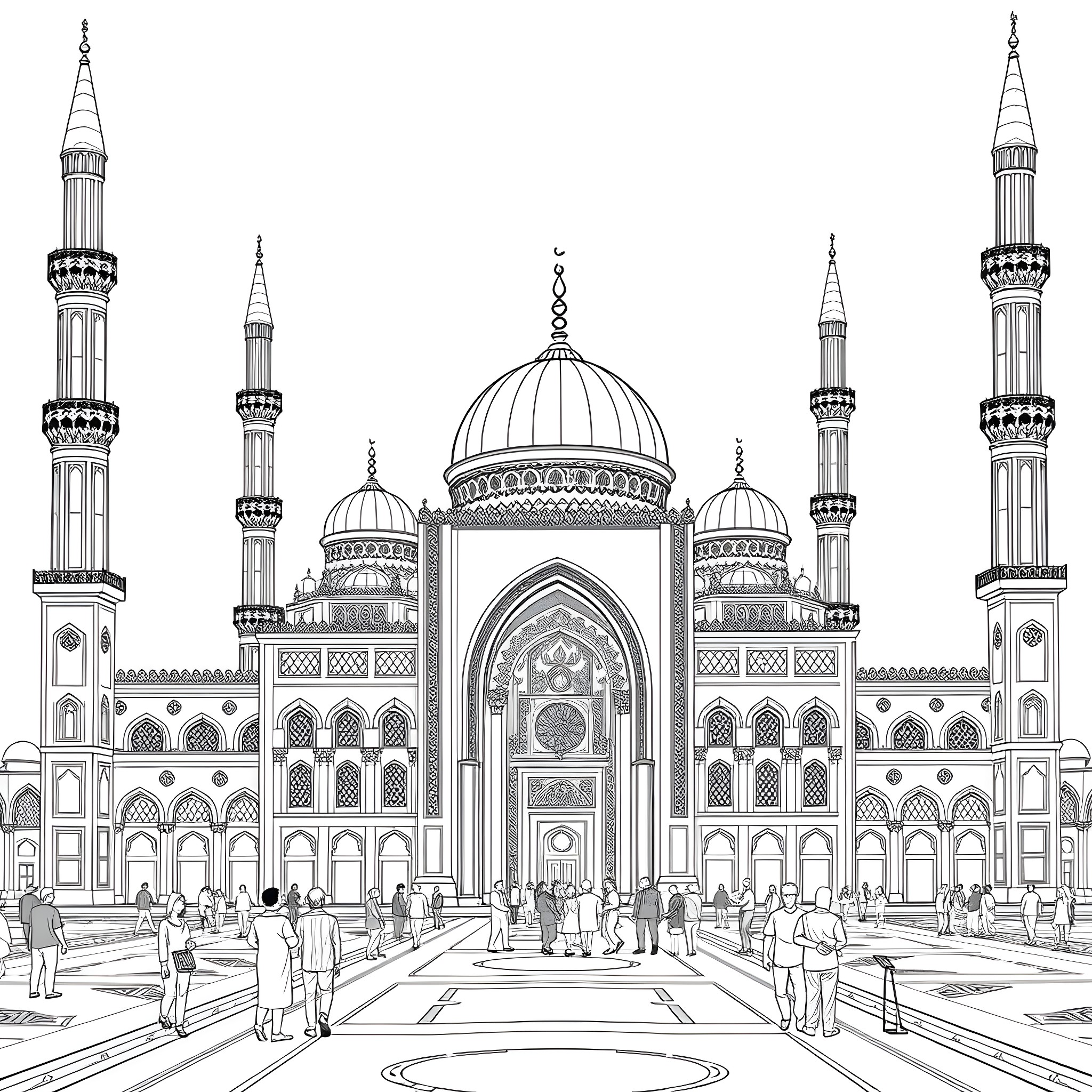 Mosque with intricately detailed architecture and people gathering Coloring Page (free black-and-white line drawing printable PDF for all, from beginners to advanced learners, including children, teens, adults, and seniors)