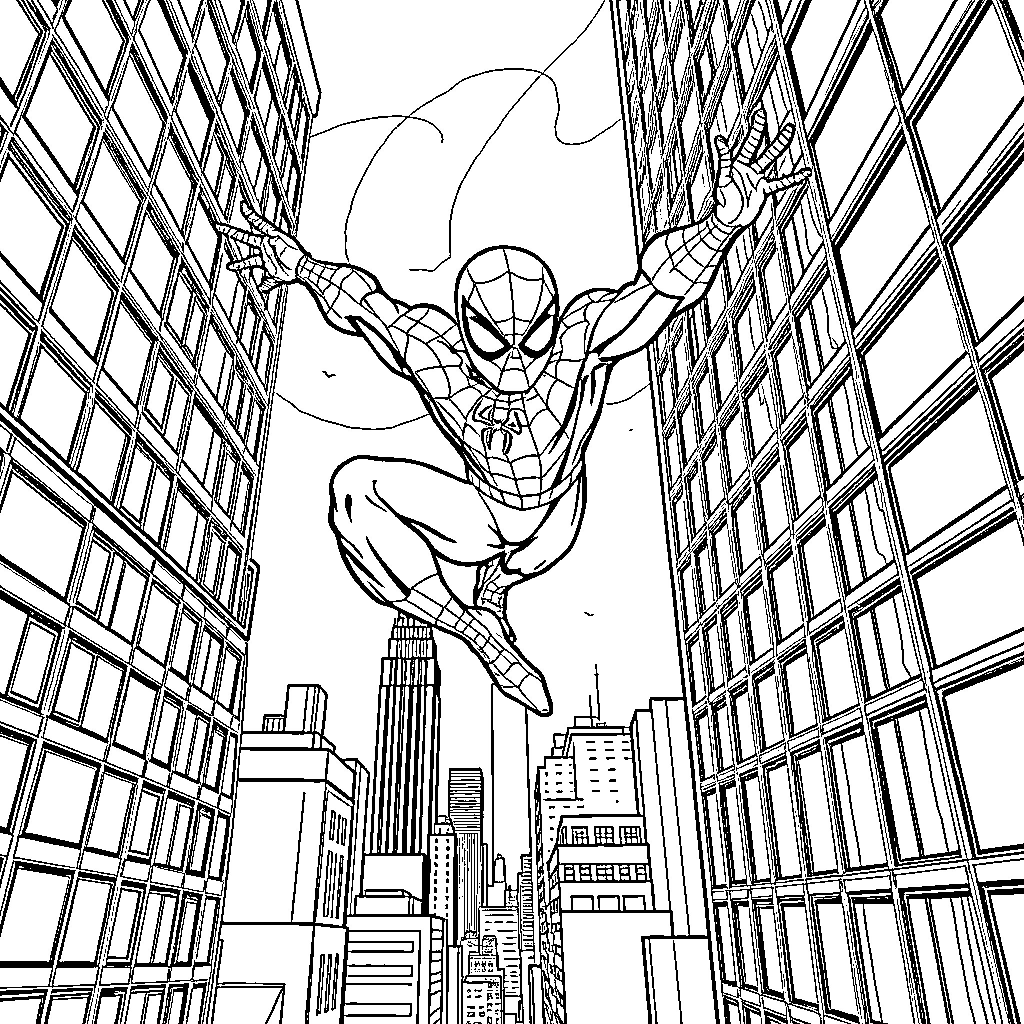 Spider-Man swinging through the city skyline Coloring Page (free black-and-white line drawing printable PDF for all, from beginners to advanced learners, including children, teens, adults, and seniors)