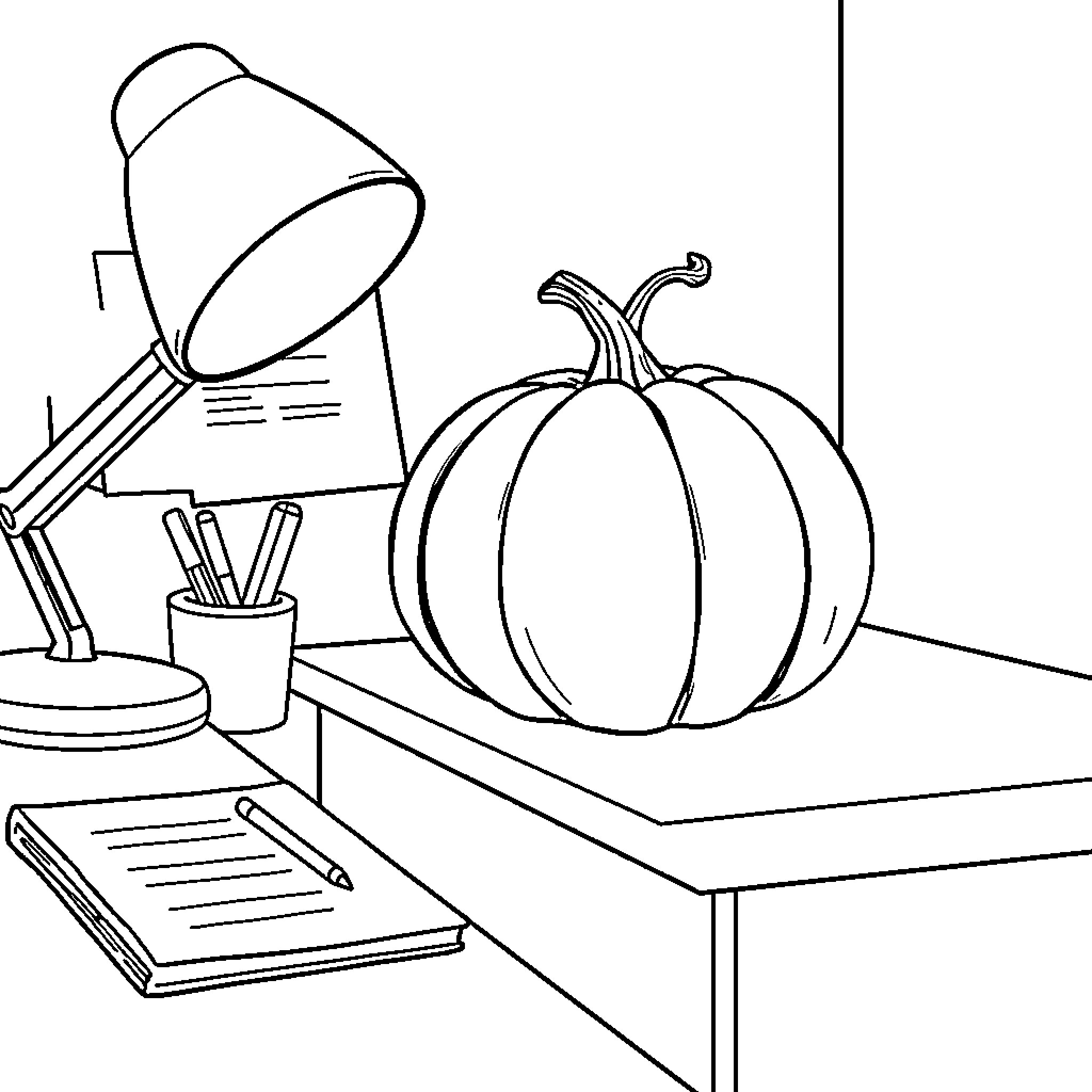 Pumpkin on a Desk with Stationery Coloring Page (free black-and-white line drawing printable PDF for all, from beginners to advanced learners, including children, teens, adults, and seniors)