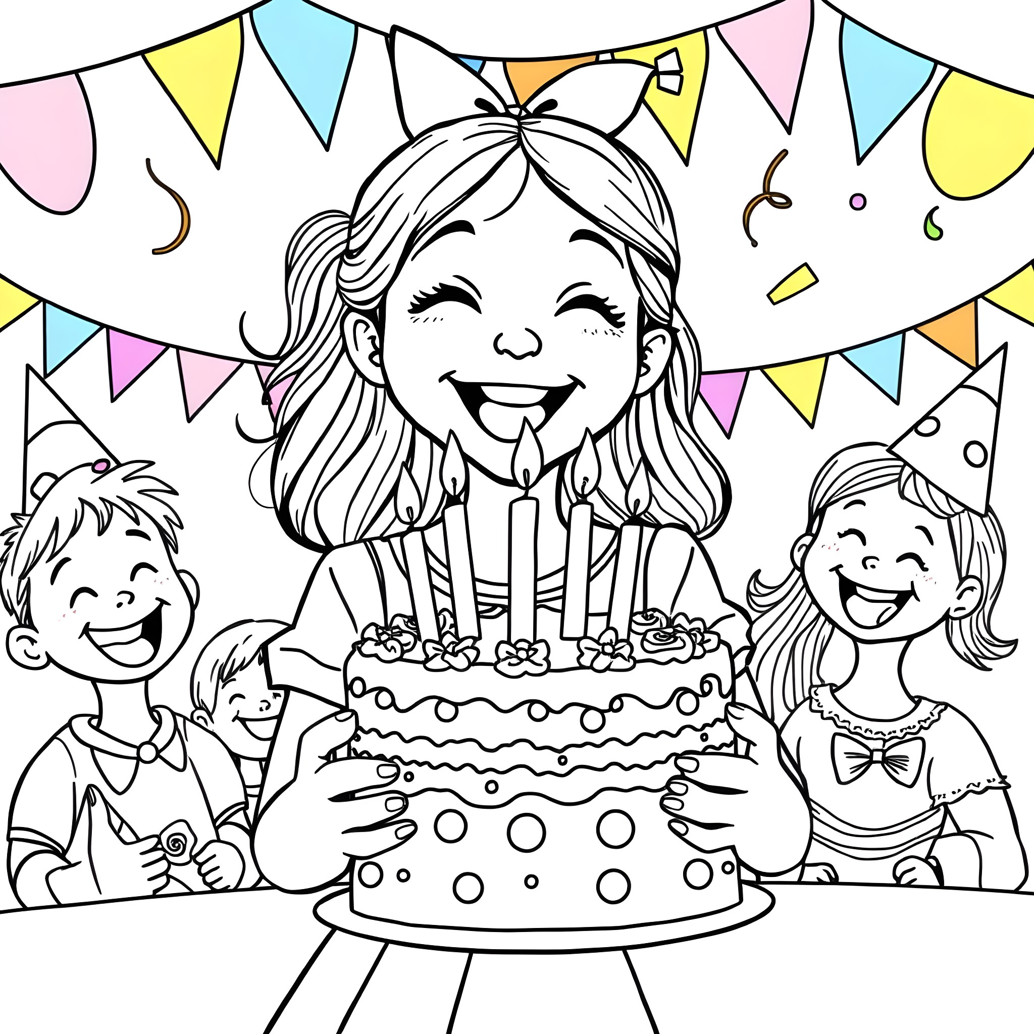 Birthday Girl Celebrating with Family and Friends Coloring Page (free black-and-white line drawing printable PDF for all, from beginners to advanced learners, including children, teens, adults, and seniors)