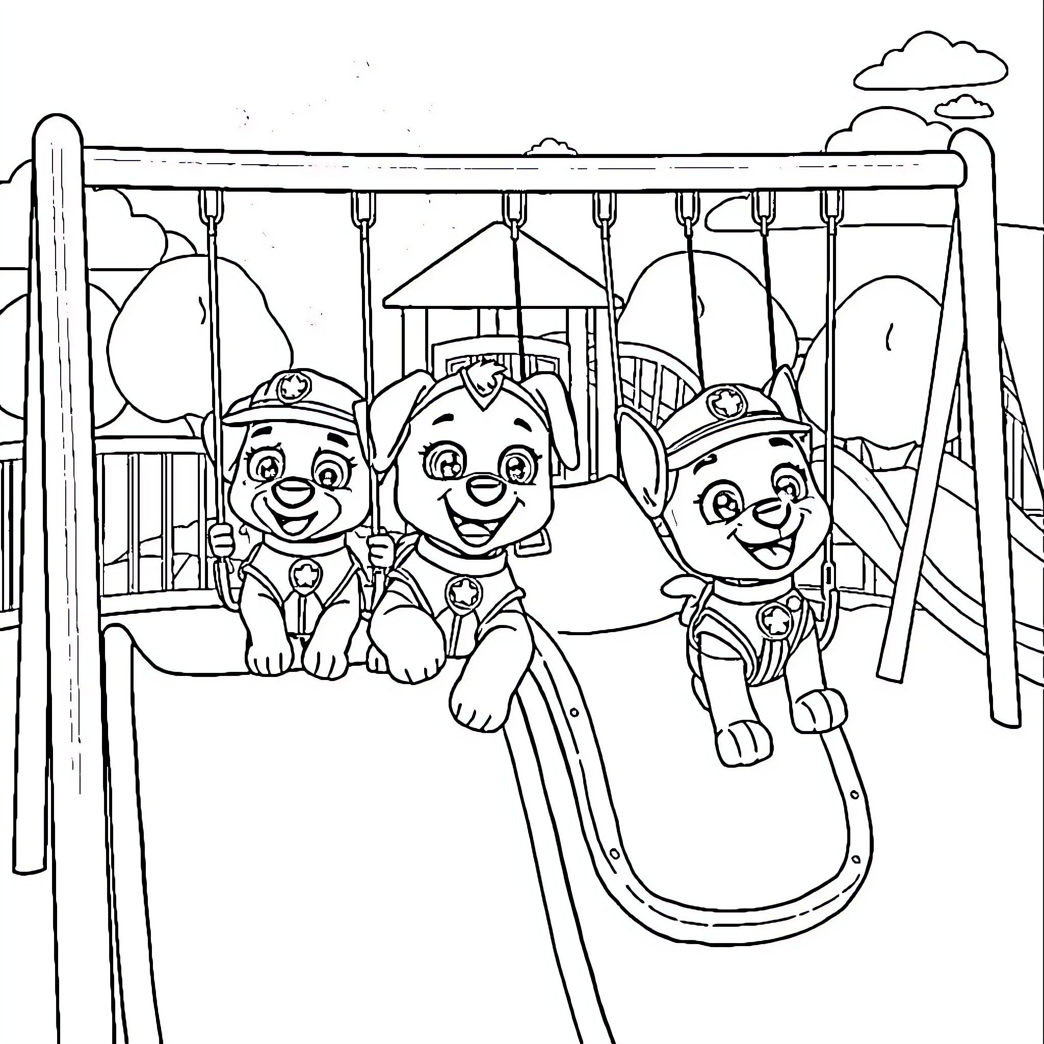 Paw Patrol characters playing on a playground Coloring Page (free black-and-white line drawing printable PDF for all, from beginners to advanced learners, including children, teens, adults, and seniors)
