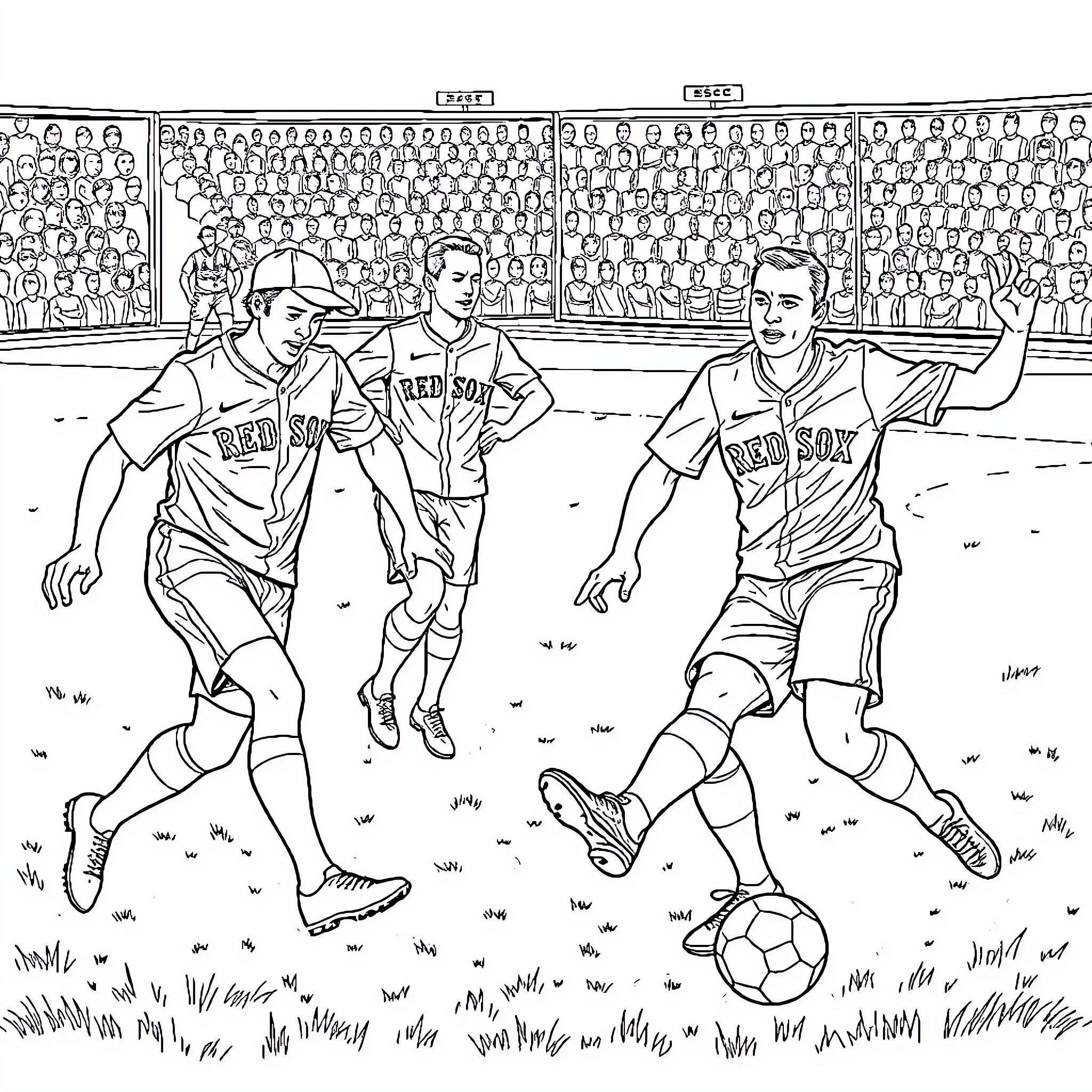 Red Sox players in action on the soccer field Coloring Page (free black-and-white line drawing printable PDF for all, from beginners to advanced learners, including children, teens, adults, and seniors)
