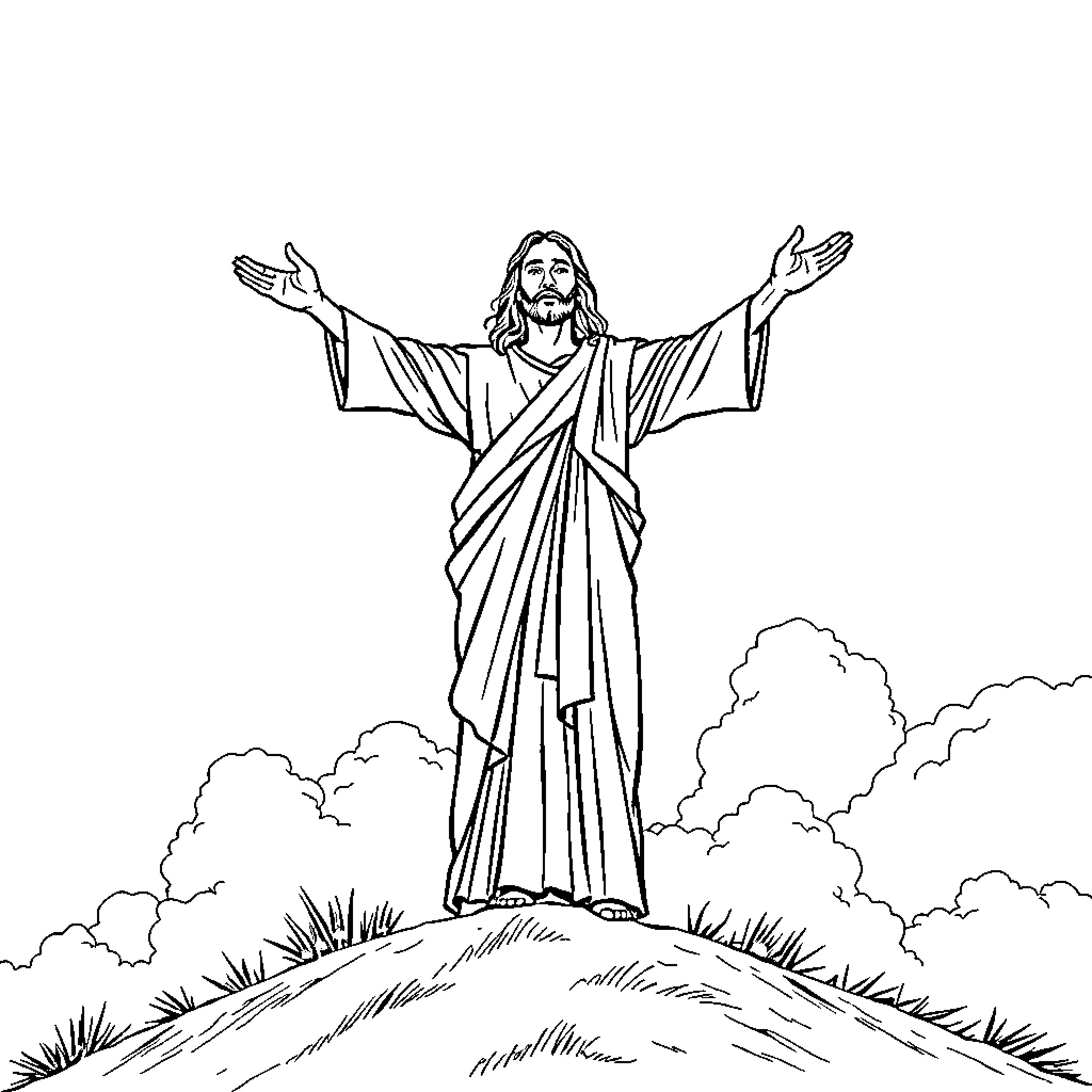 Jesus with outstretched arms atop a hill Coloring Page (free black-and-white line drawing printable PDF for all, from beginners to advanced learners, including children, teens, adults, and seniors)