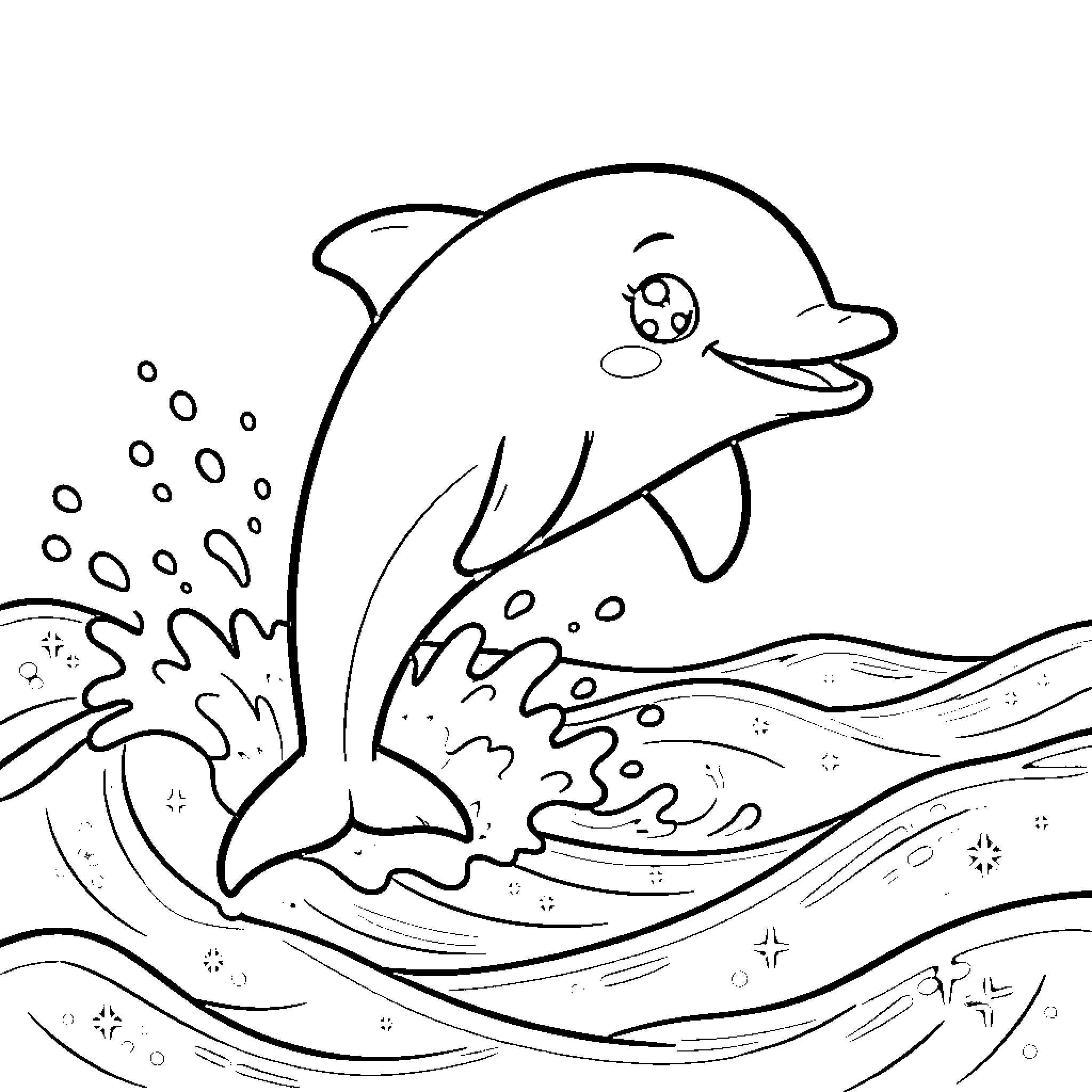 Dolphin jumping joyfully in the waves Coloring Page (free black-and-white line drawing printable PDF for all, from beginners to advanced learners, including children, teens, adults, and seniors)