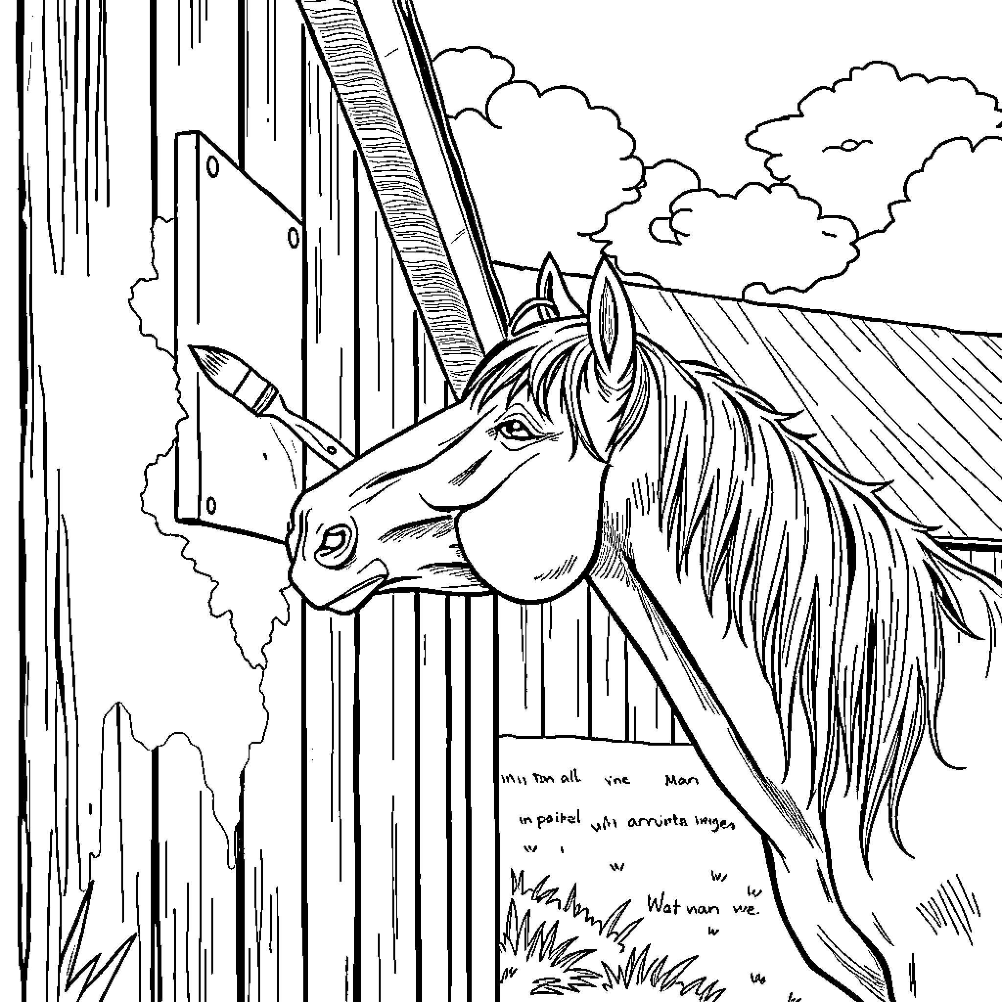 Horse standing in a weathered barn Coloring Page (free black-and-white line drawing printable PDF for all, from beginners to advanced learners, including children, teens, adults, and seniors)