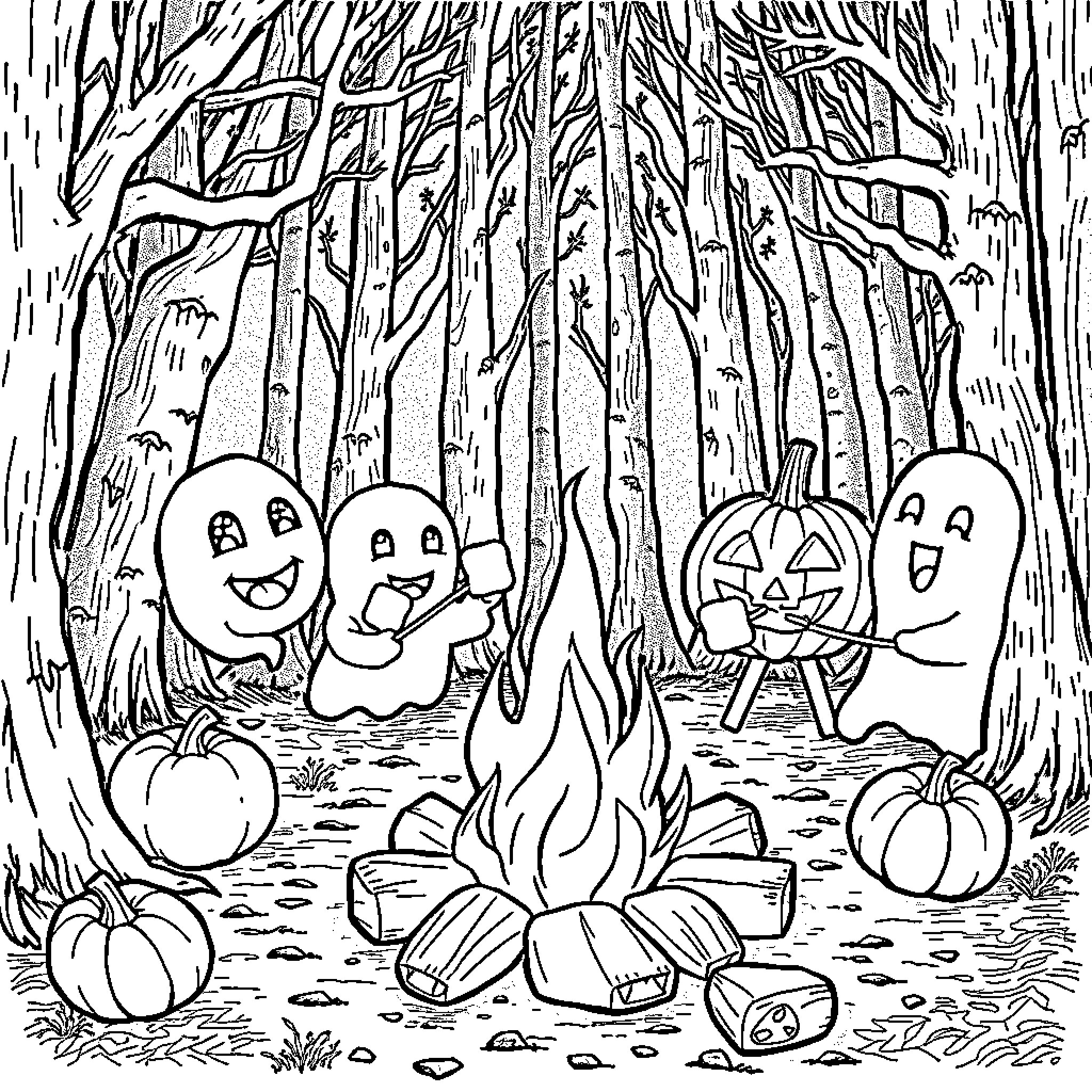 Ghost characters celebrate Halloween in the forest Coloring Page (free black-and-white line drawing printable PDF for all, from beginners to advanced learners, including children, teens, adults, and seniors)