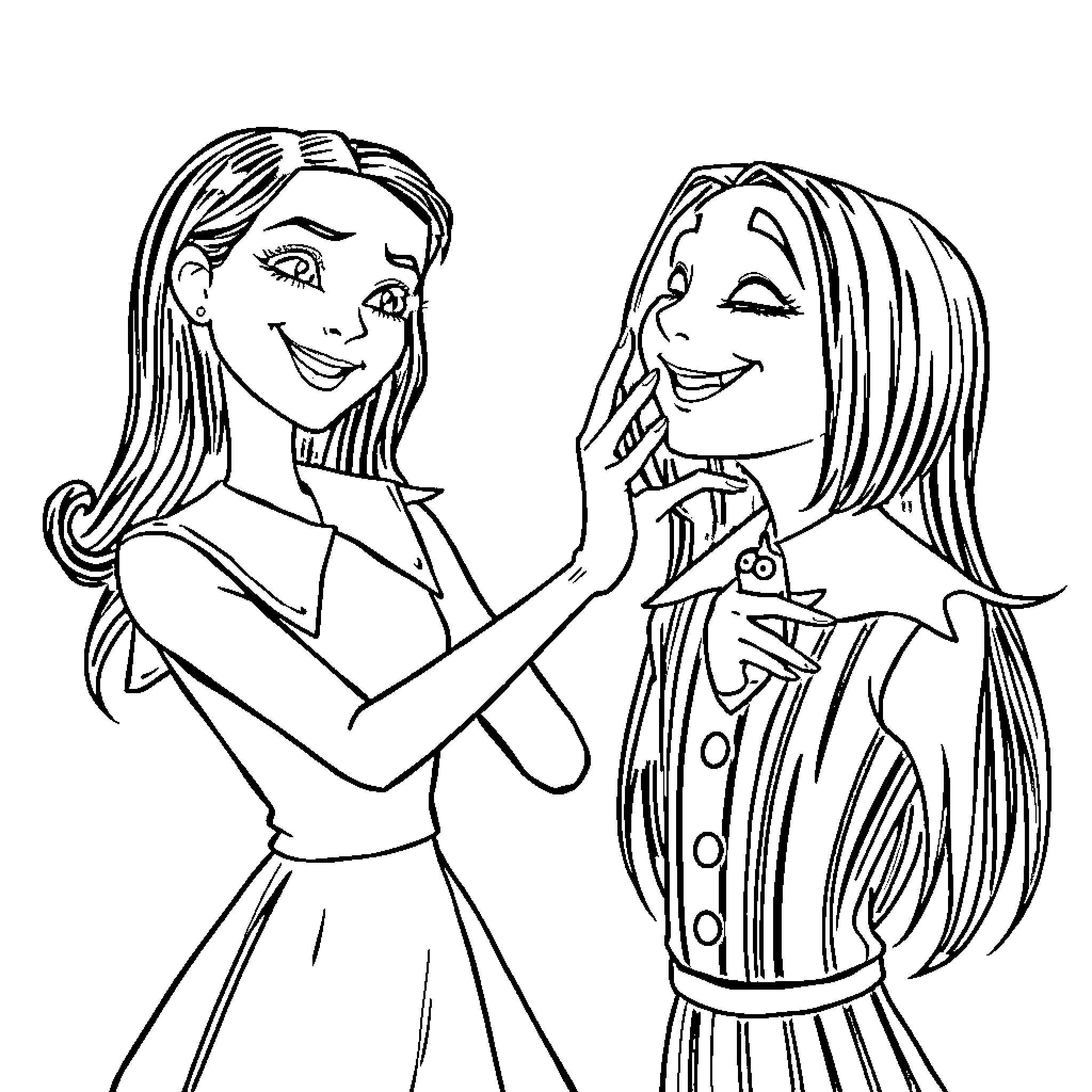 Wednesday friends enjoying each other's company Coloring Page (free black-and-white line drawing printable PDF for all, from beginners to advanced learners, including children, teens, adults, and seniors)