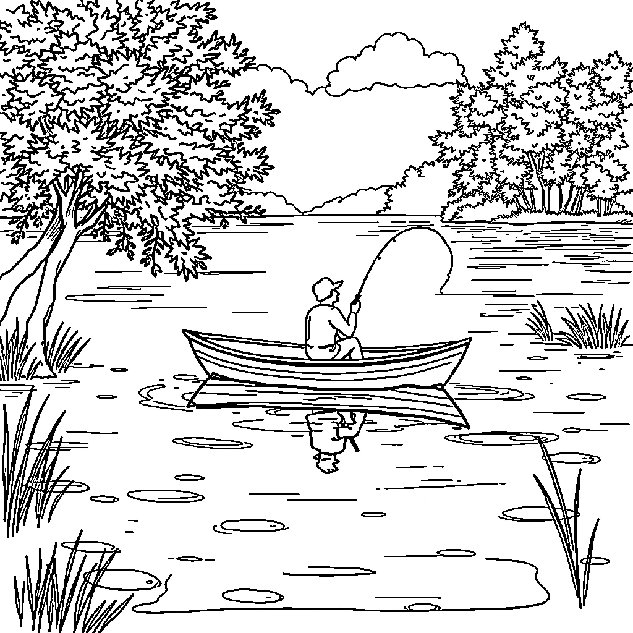 Fishing on a peaceful lake Coloring Page (free black-and-white line drawing printable PDF for all, from beginners to advanced learners, including children, teens, adults, and seniors)