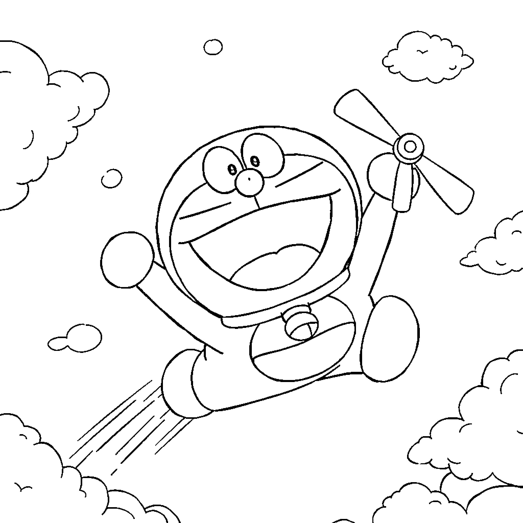 Doraemon flying with a propeller in the sky Coloring Page (free black-and-white line drawing printable PDF for all, from beginners to advanced learners, including children, teens, adults, and seniors)
