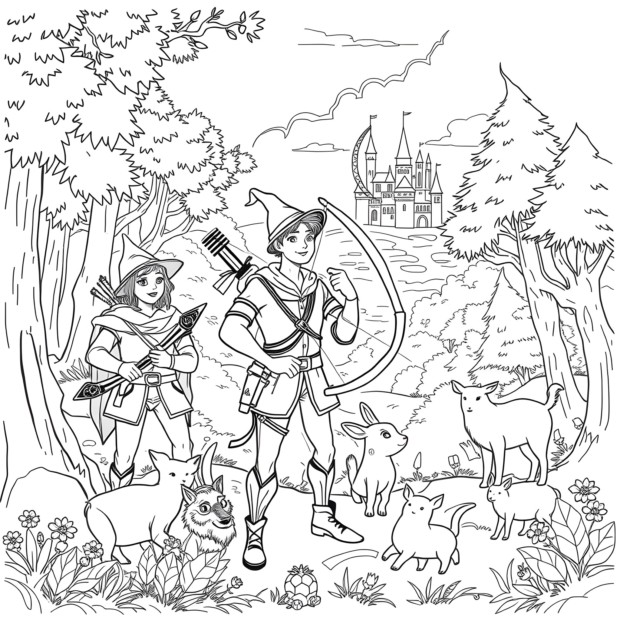 Robin Hood and his companions in the forest Coloring Page (free black-and-white line drawing printable PDF for all, from beginners to advanced learners, including children, teens, adults, and seniors)